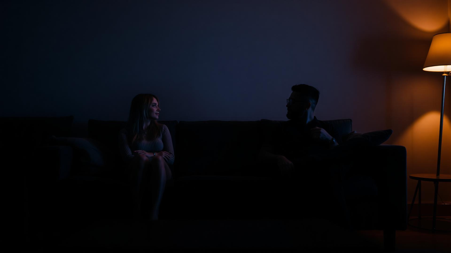 A couple sitting apart on a sofa in a dim living room, lit by a single warm lamp