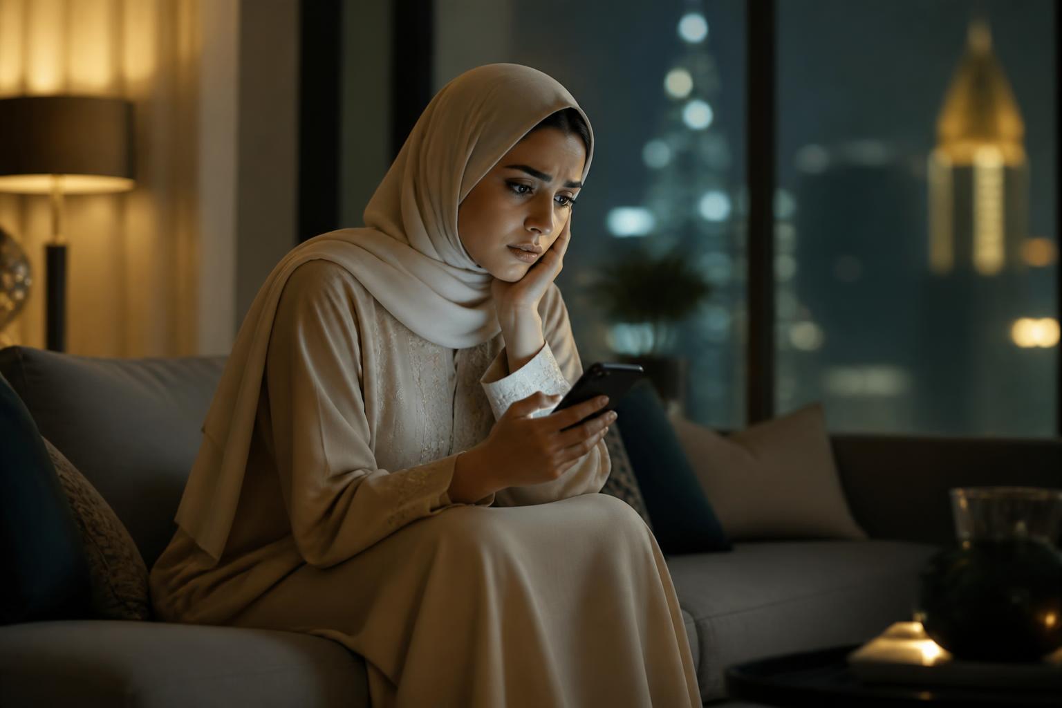 امرأة عربية تجلس ليلاً وتنظر بقلق إلى هاتفها للتحقق مما إذا كان زوجها على تطبيقات المواعدة