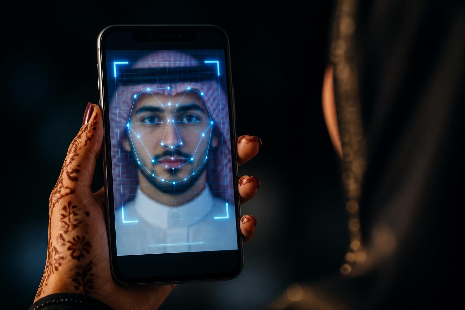 هاتف يعرض مسح ملامح وجه رجل عربي بخطوط تعرف بيومترية أثناء البحث العكسي بالصورة