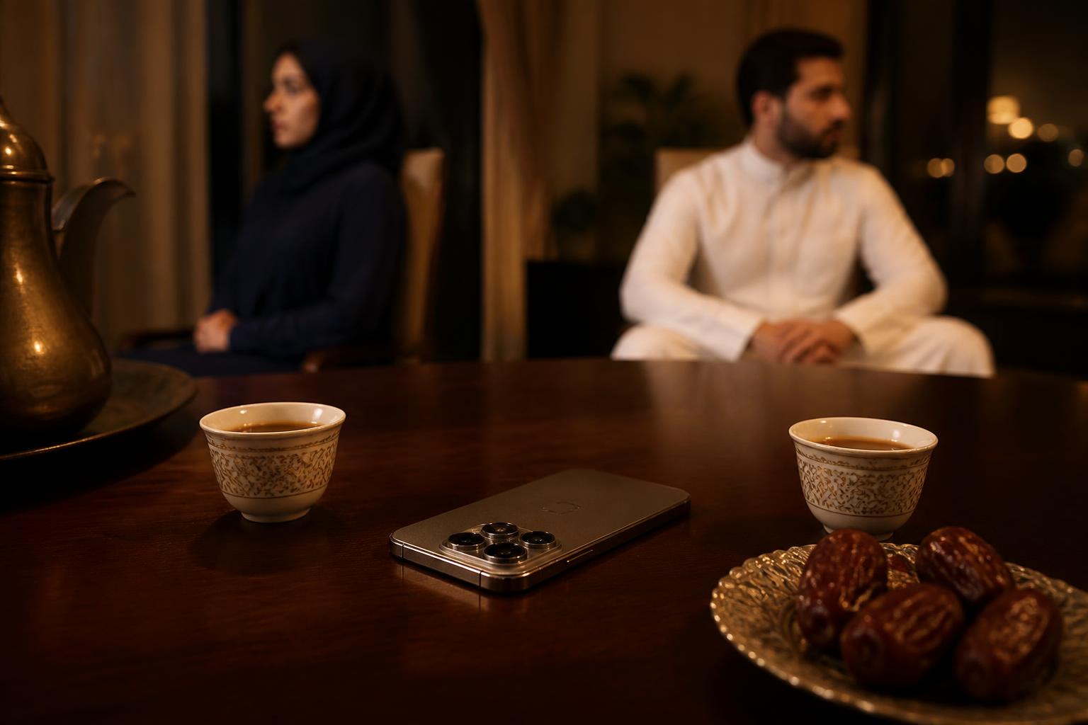 هاتف مقلوب على طاولة عربية بين فنجاني قهوة وزوجان جالسان متباعدين في الخلف