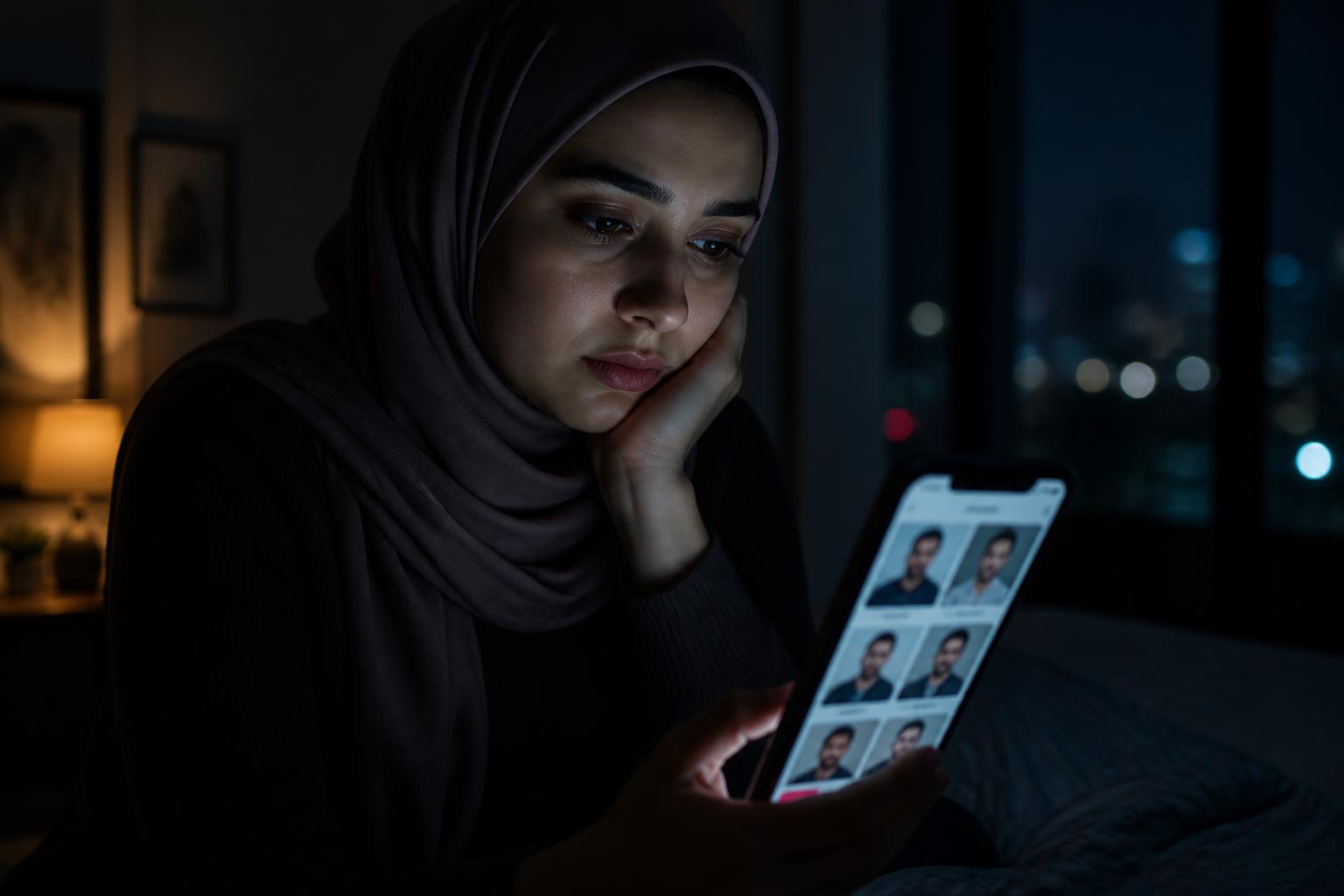 امرأة عربية تتفحّص شبكة ملفات مواعدة على هاتفها في غرفة مظلمة