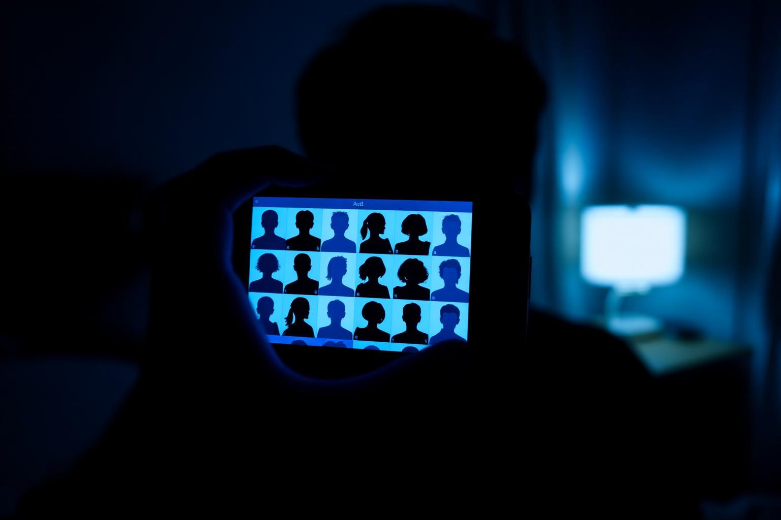 Silhouette holding a phone showing a grid of anonymous dating profile avatars in a dim bedroom