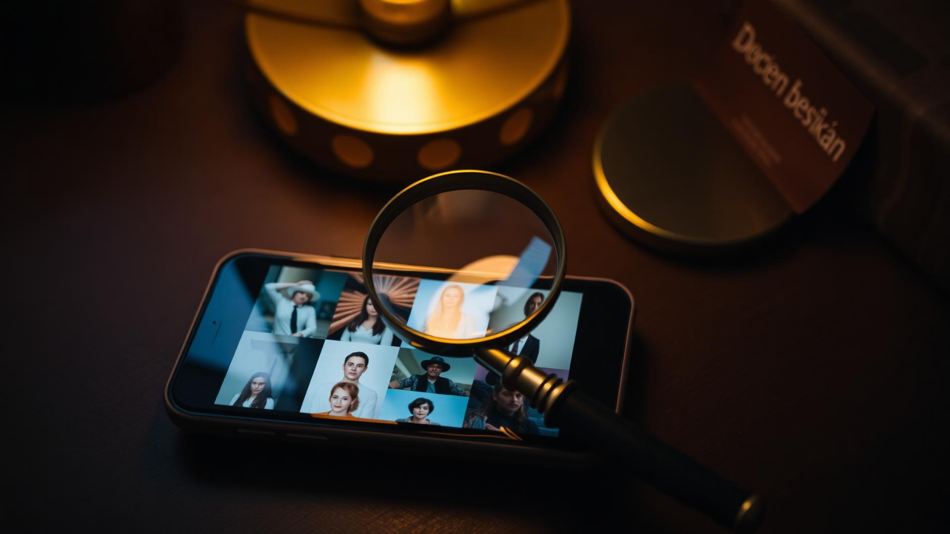 Smartphone auf einem dunklen Eichenholzschreibtisch mit unscharfem Raster aus Portraitfotos, darüber eine Messing-Lupe im warmen Lampenlicht