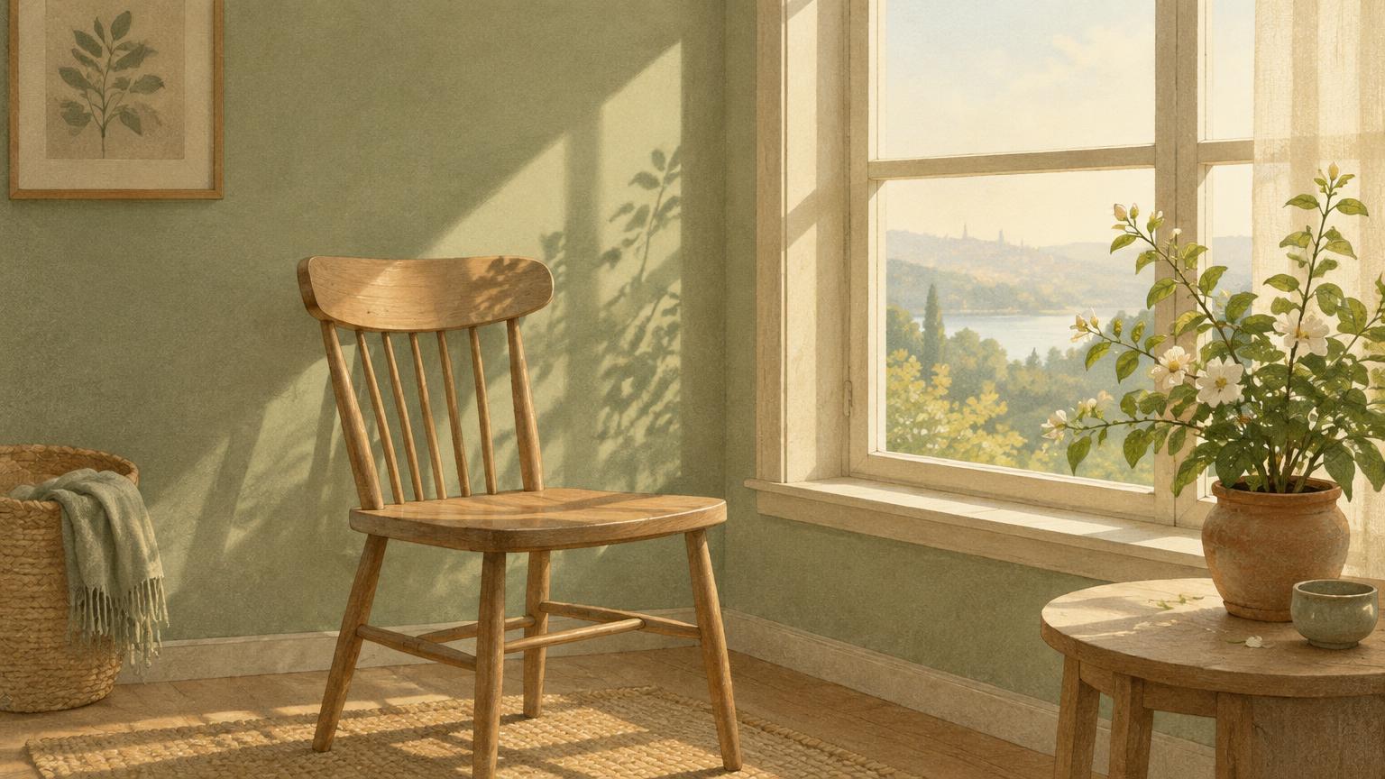 An empty wooden chair beside a sunlit window with a flowering plant