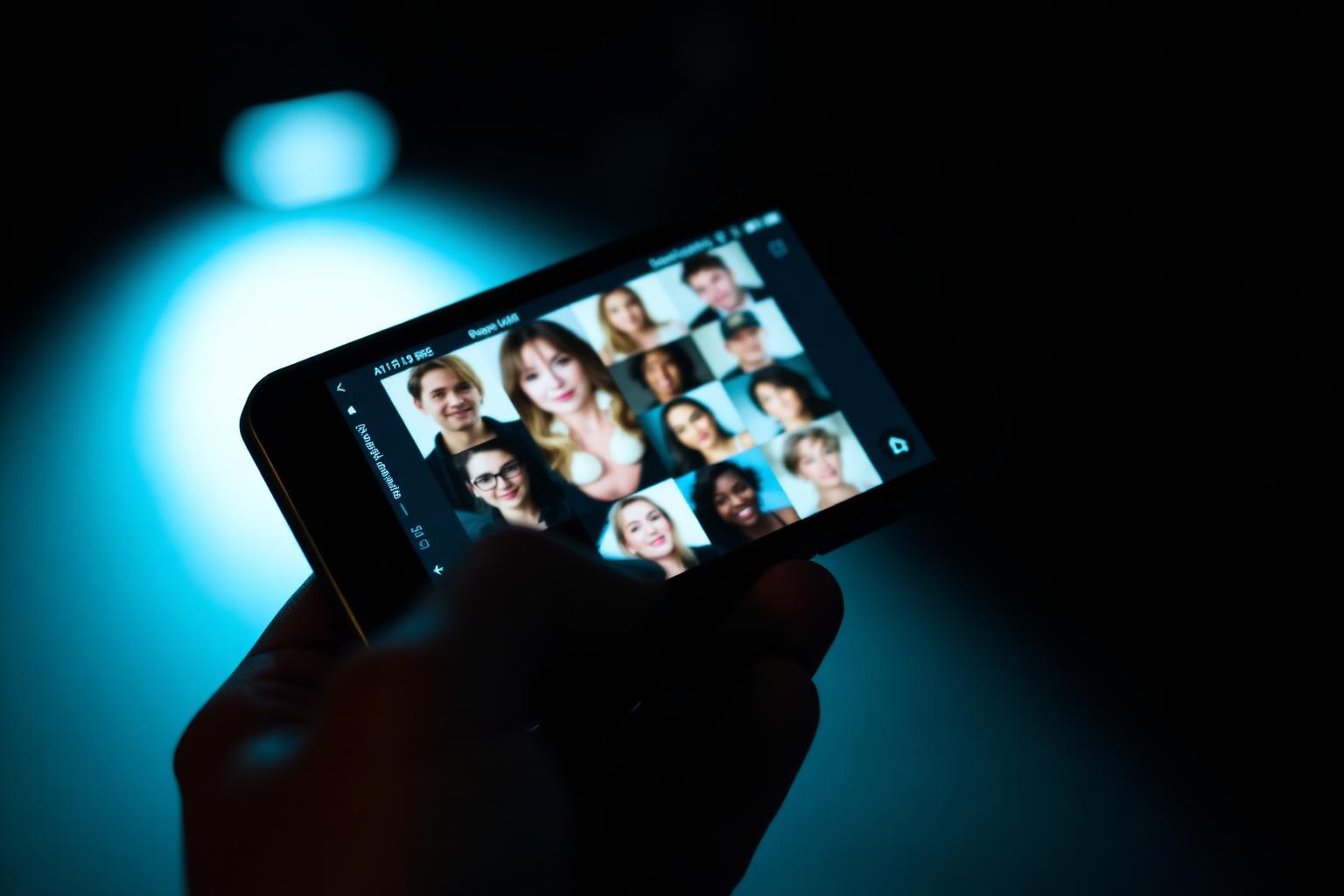Smartphone in hand showing a grid of blurred dating profile faces in dark blue light