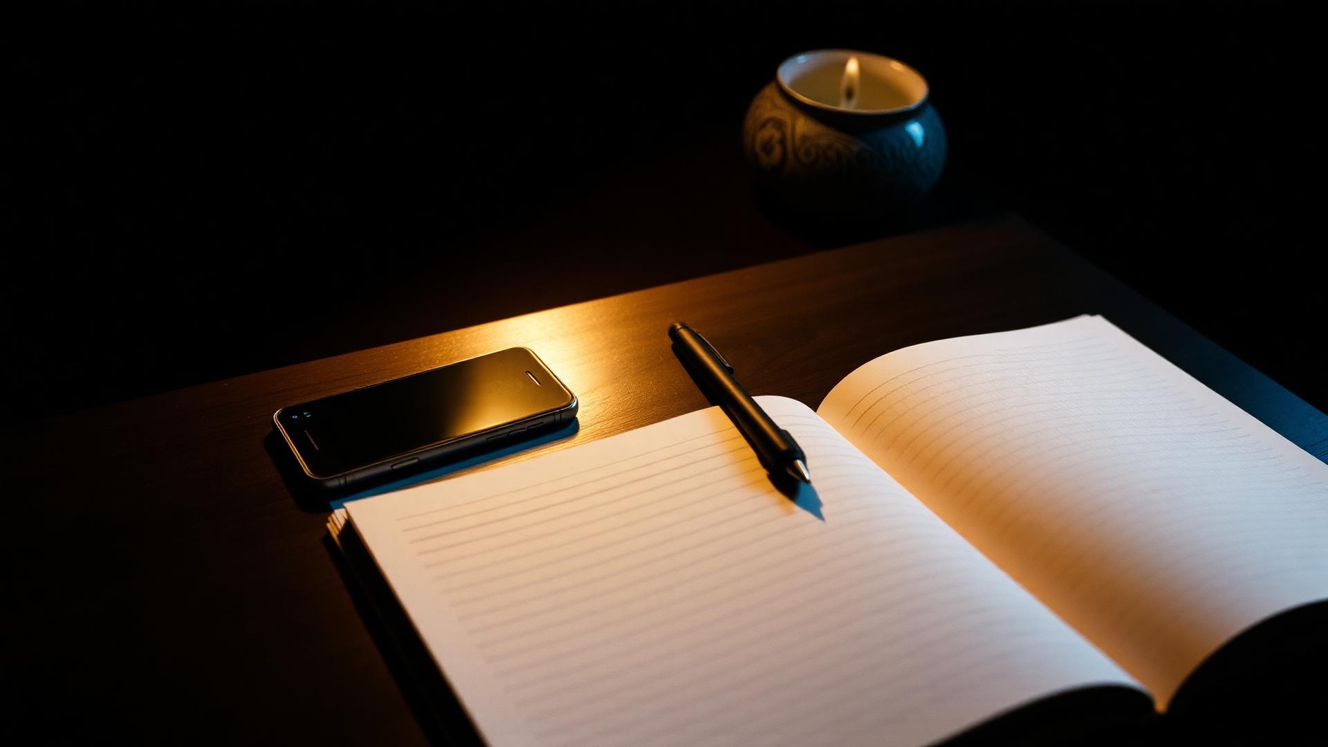 A notebook and pen beside a face-down phone on a dark wooden table in low evening lamplight