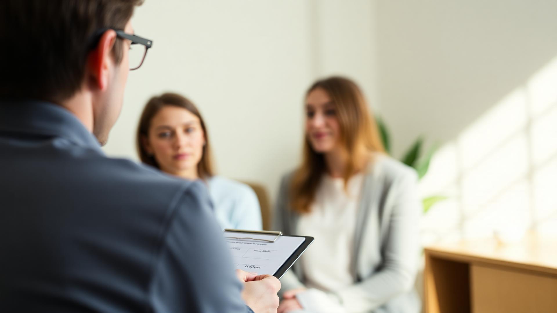 A therapist taking notes while a couple sits across in a calm office setting