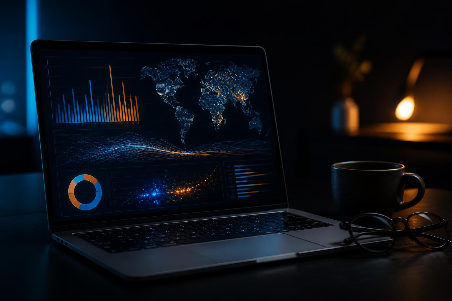 Laptop in a dark room showing an abstract glowing analytics dashboard with a dotted world map