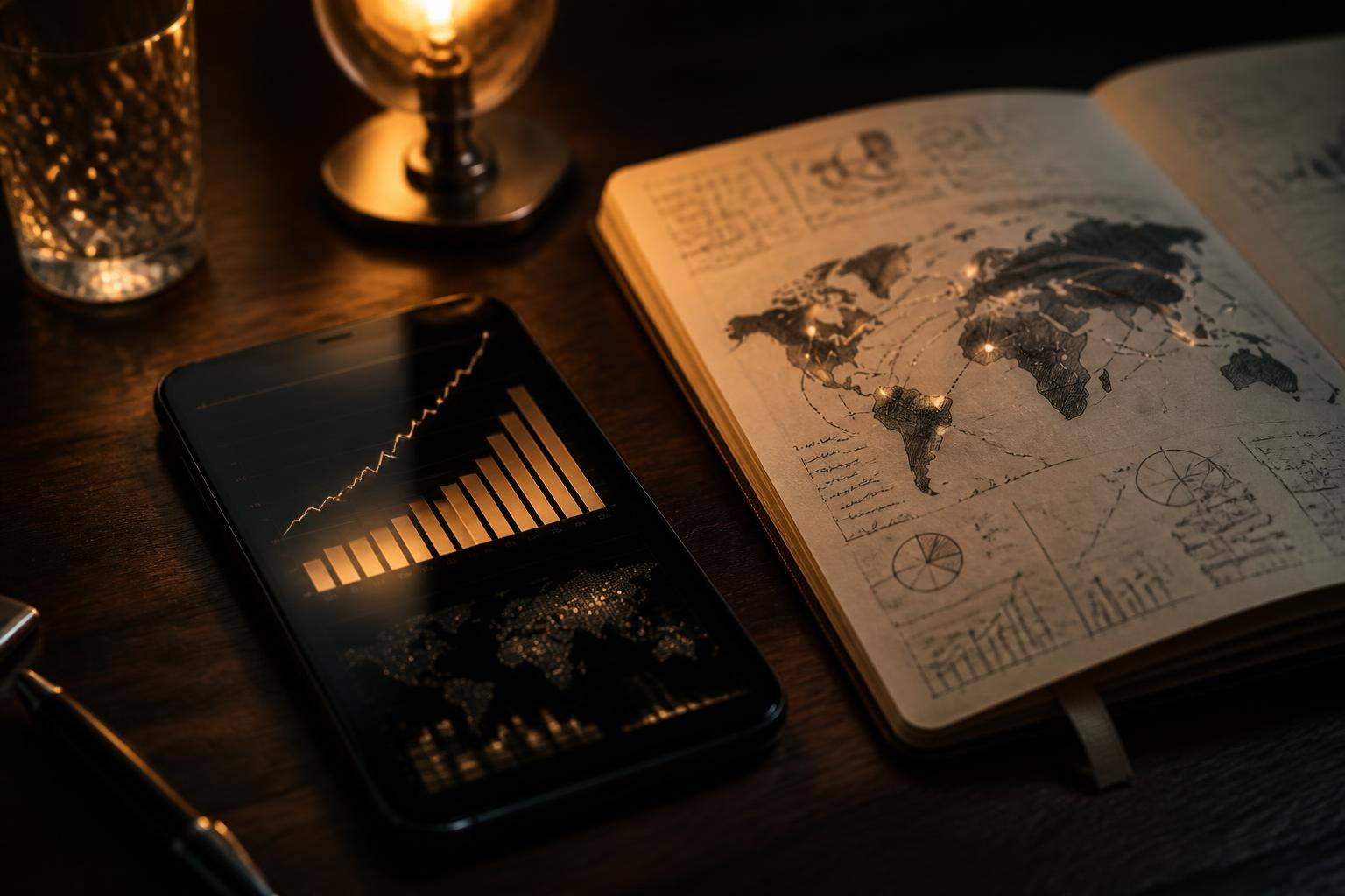 Smartphone on a dark wooden desk showing glowing bar charts next to a notebook with a hand-drawn world map
