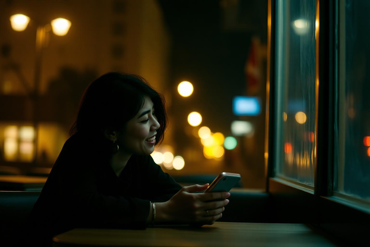 Person sitting alone in a cafe at night smiling at their phone, warm bokeh streetlights outside