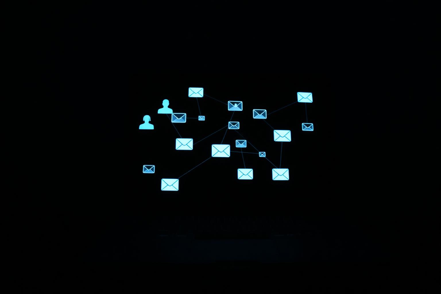 Glowing web of envelope and profile icons connected by lines on a dark screen