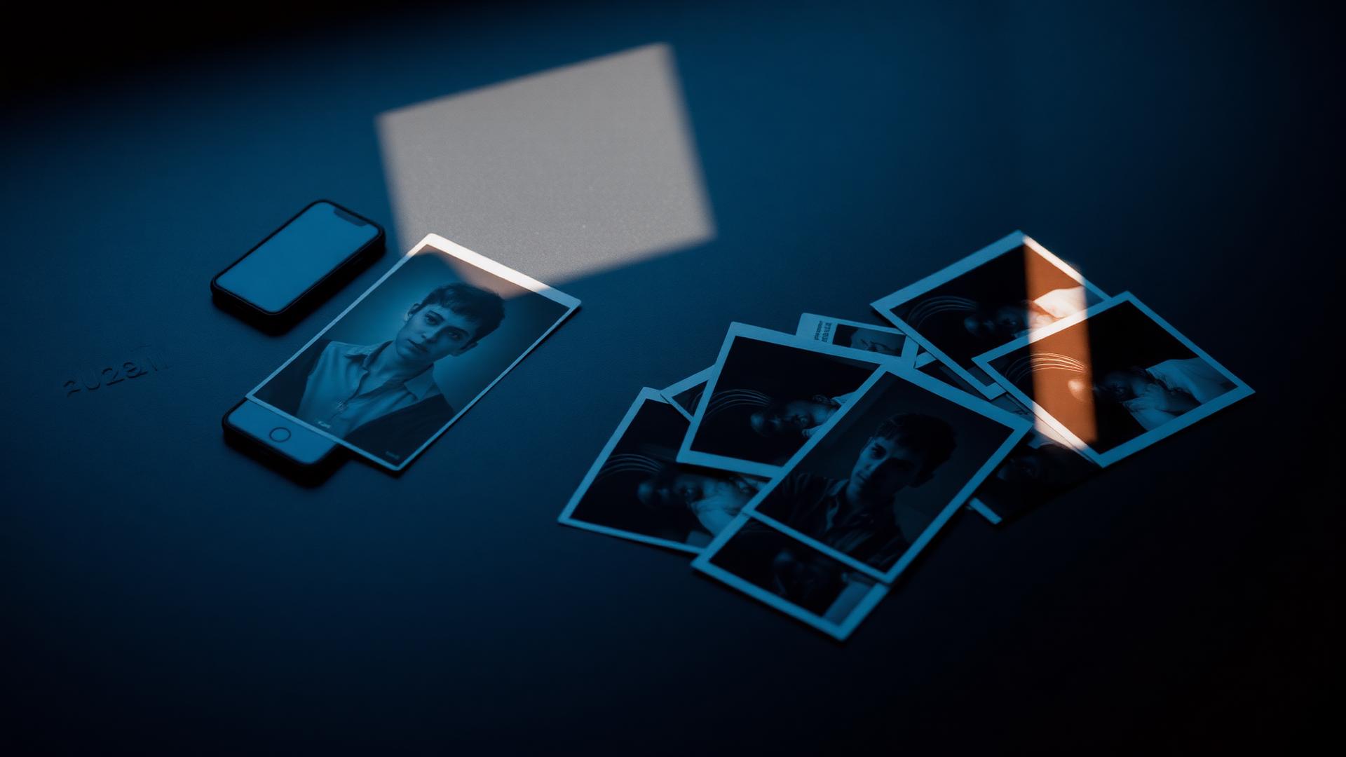 A printed photograph lying on a dark wooden desk beside a phone screen glowing with search results in moody amber and blue light