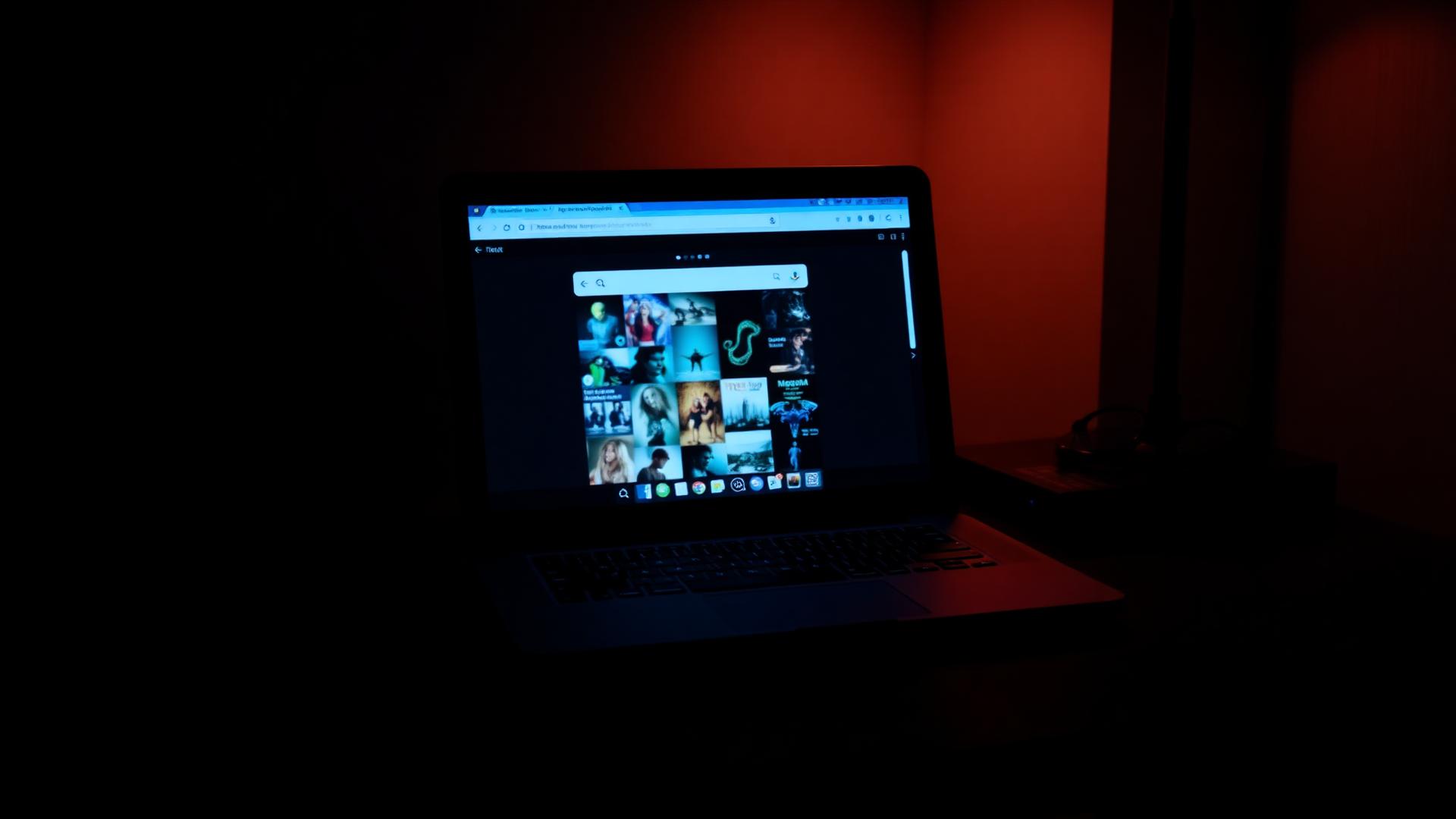 A laptop on a dark desk showing several open search tabs with blurred portrait thumbnails, lit in cool blue and warm amber tones