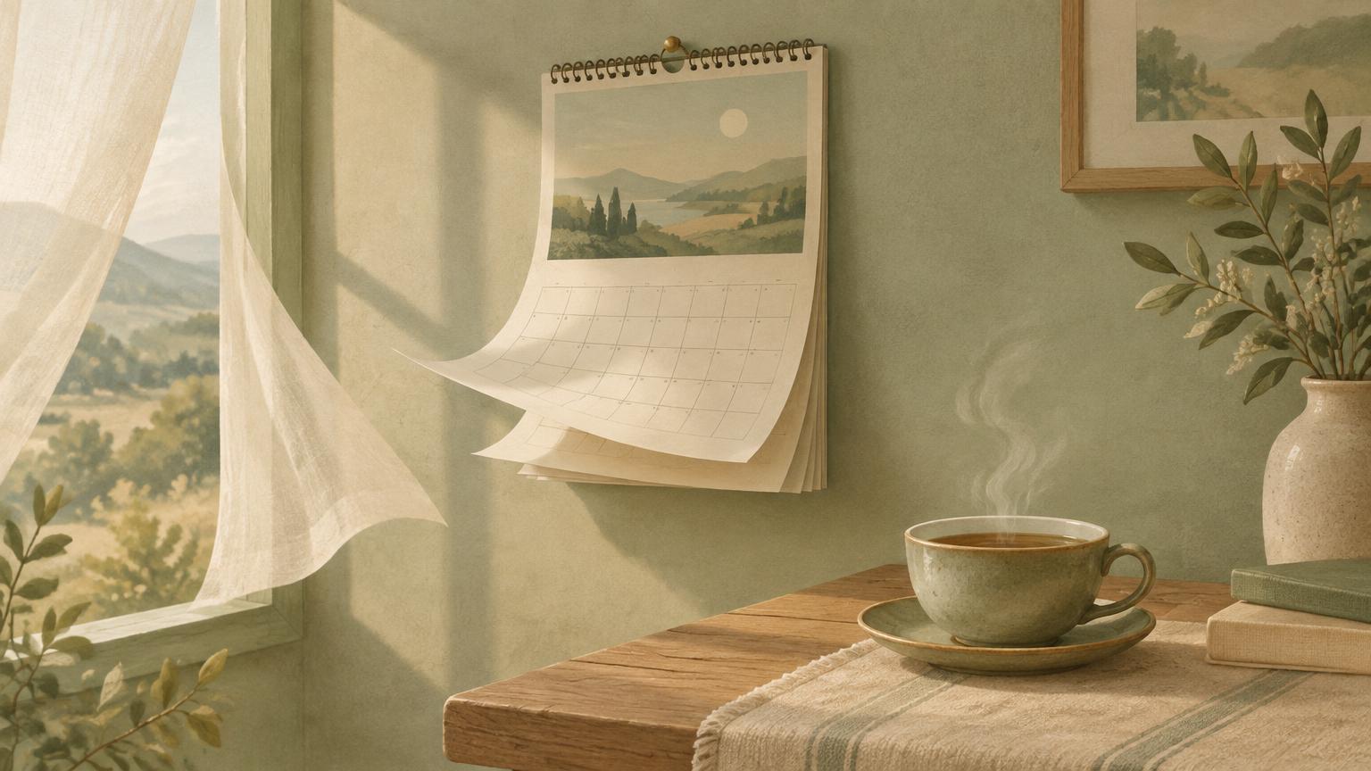 A wall calendar with pages lifting in the breeze beside a cup of tea