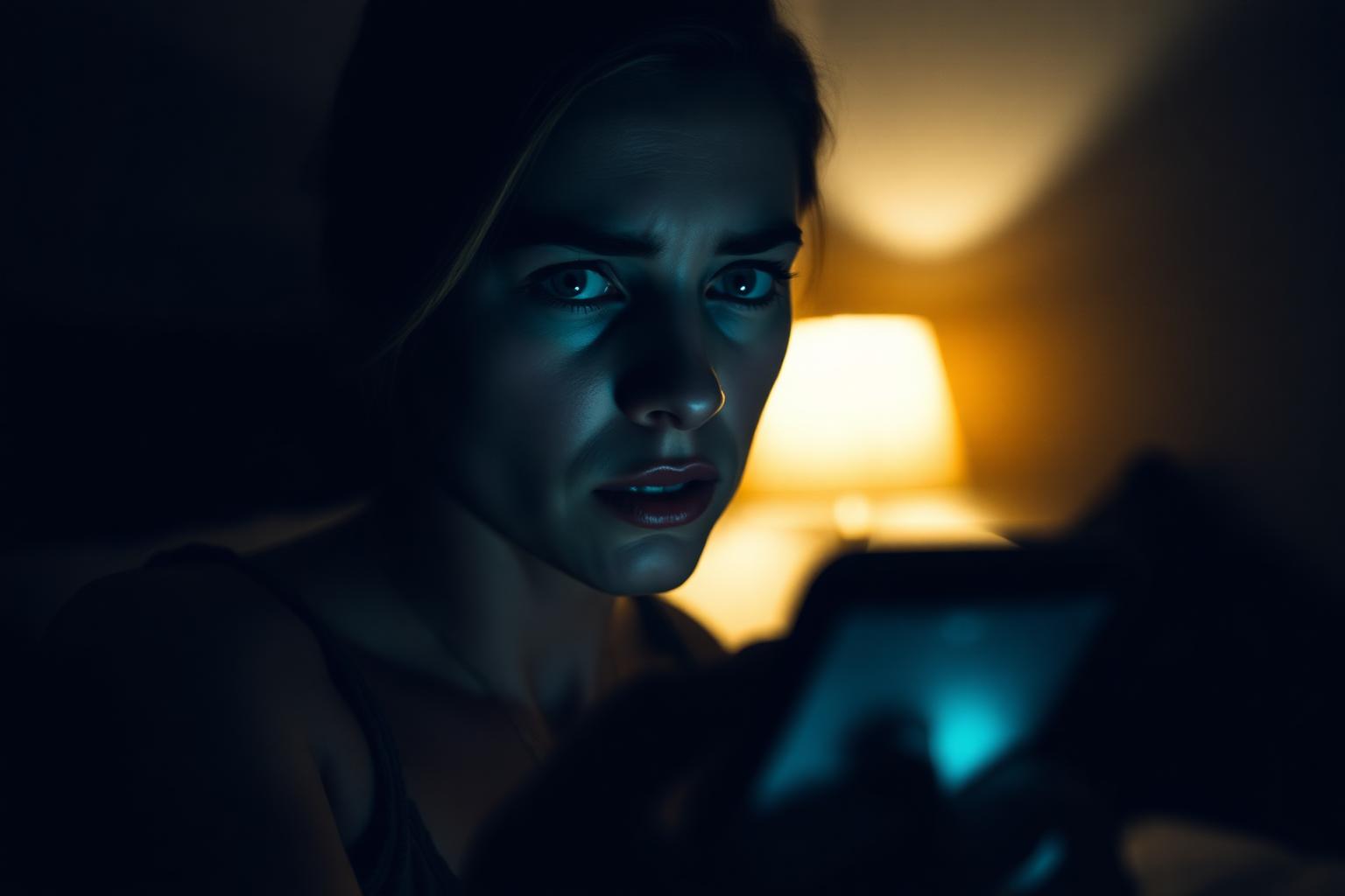 Woman at night lit by smartphone screen looking worried, illustrating how to catch a cheater