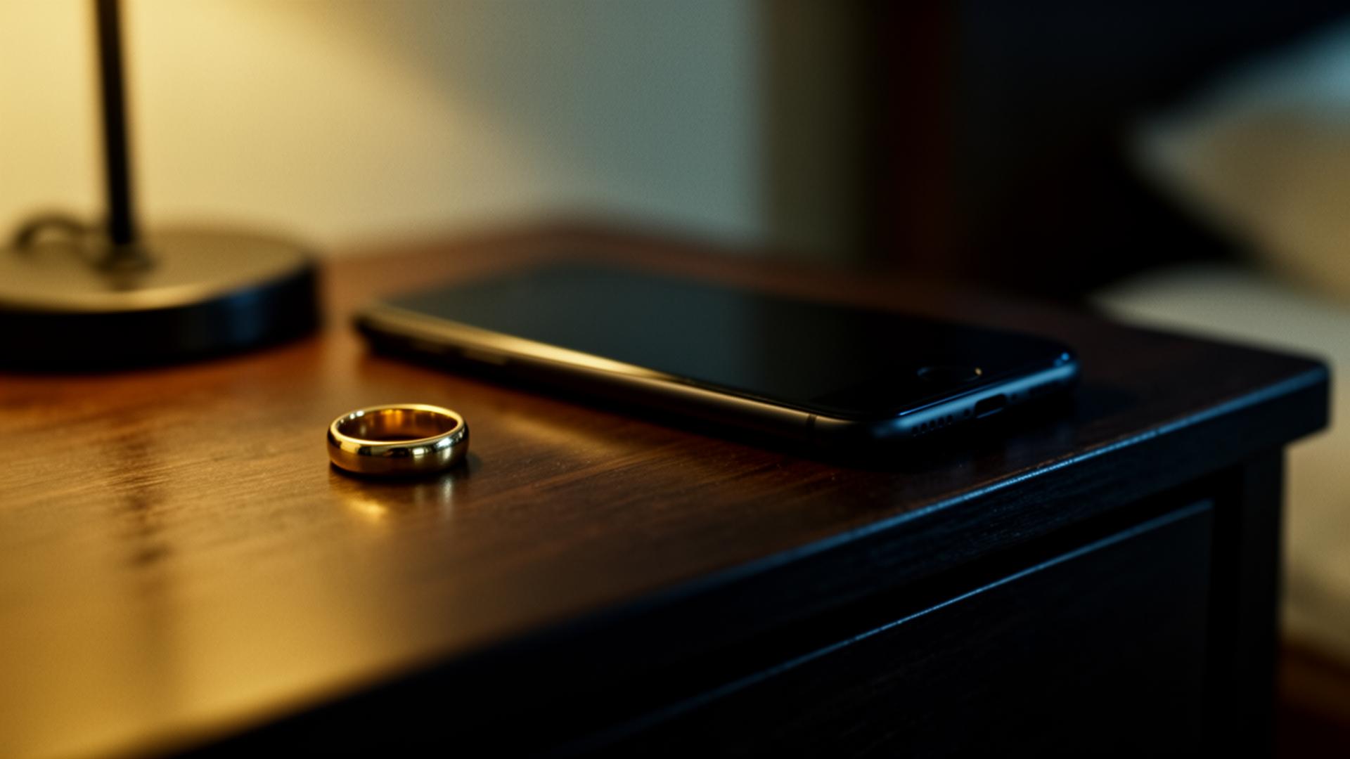 Gold wedding ring on a wooden nightstand next to a smartphone lying face down at night
