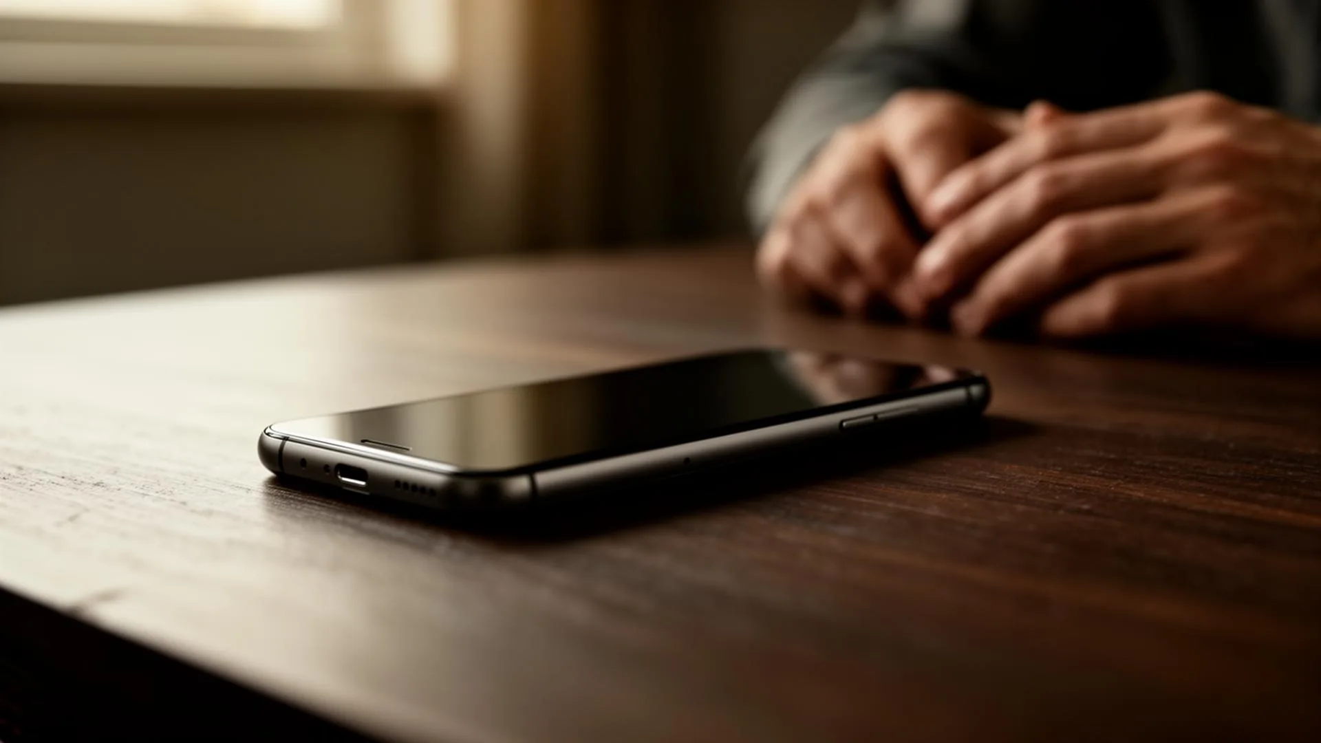Smartphone face down on a wooden table with a person sitting nearby, signs of a suspected cheating spouse