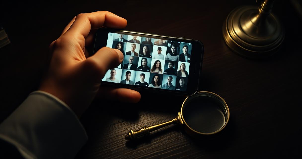 Hand holding a smartphone showing an abstract grid of blurred profile thumbnails next to a vintage brass magnifying glass on a dark wood desk