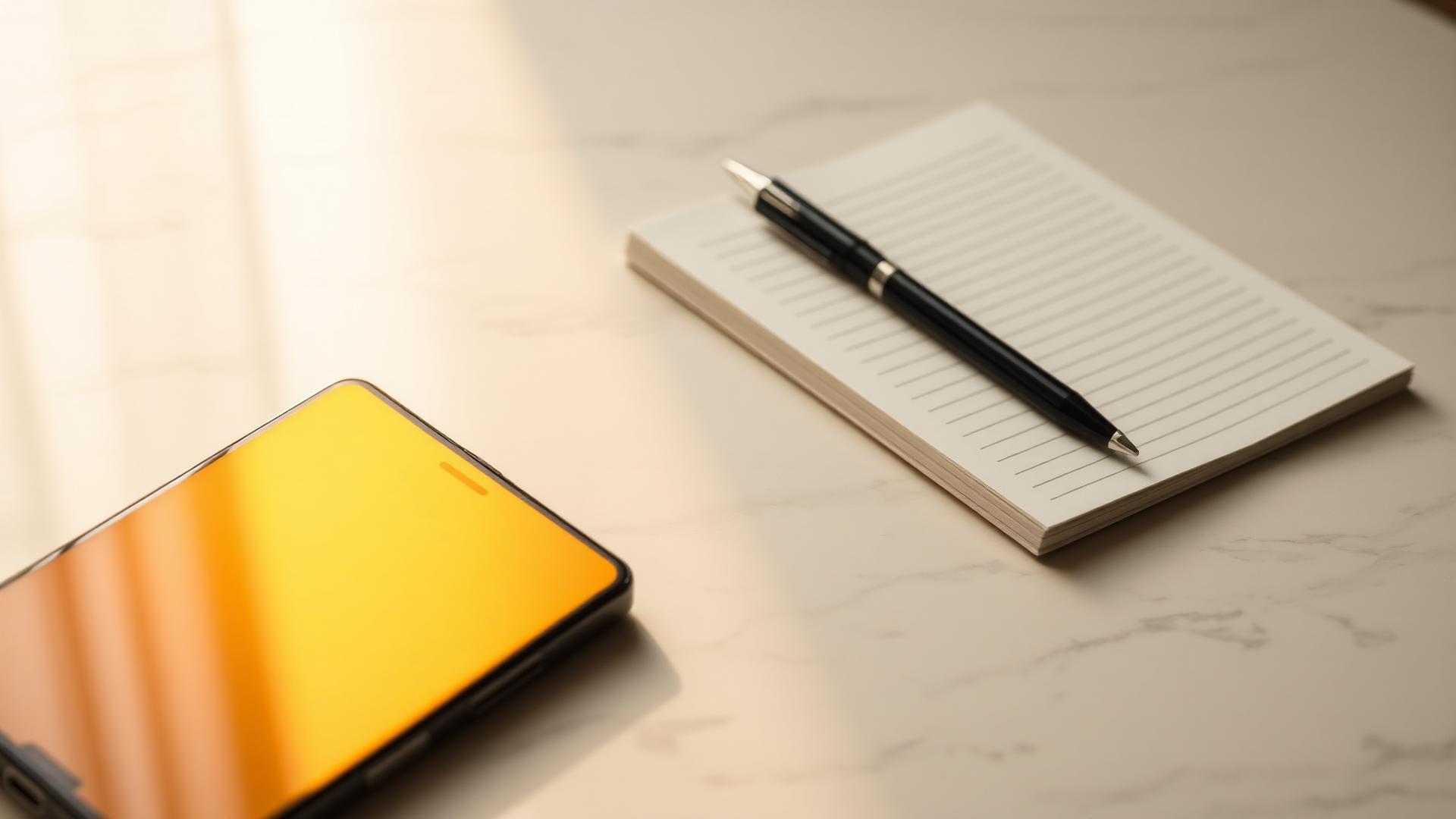 Smartphone glowing warm honey-yellow on a light marble desk beside an open notebook and espresso cup in soft morning light