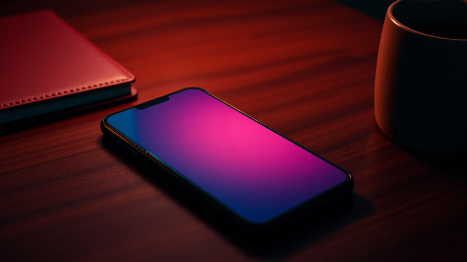 Smartphone face-down glowing coral-pink on a dark walnut desk beside a leather notebook and coffee cup in warm dim evening light