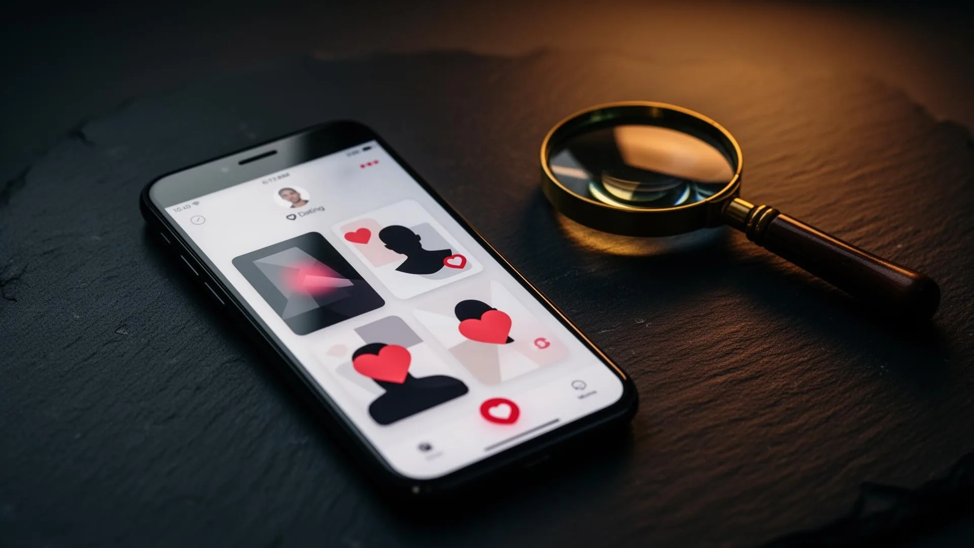 Smartphone on a slate desk showing a dating app card layout with a brass magnifying glass resting beside the screen
