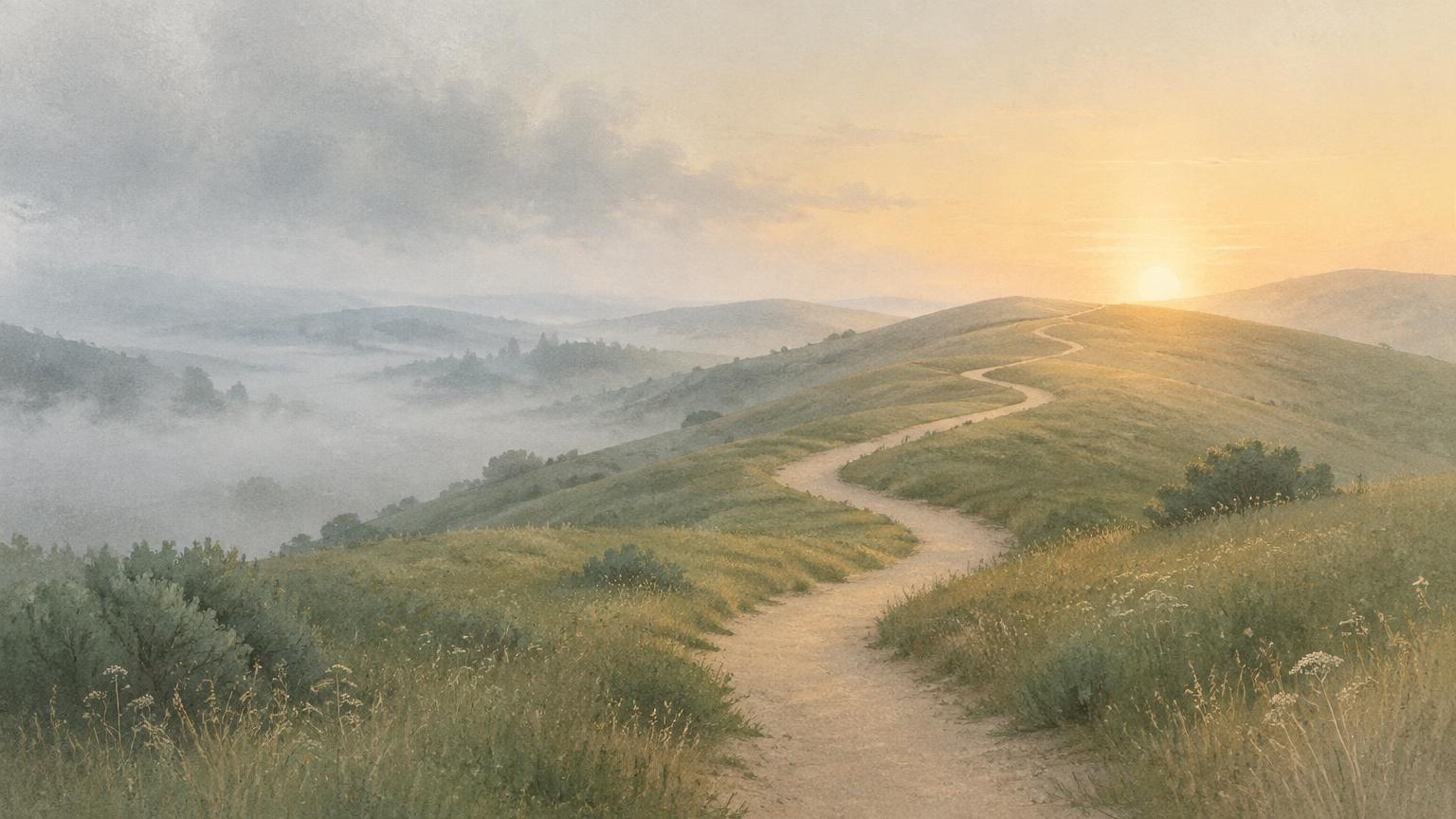 A winding path over green hills leading out of fog toward a sunrise