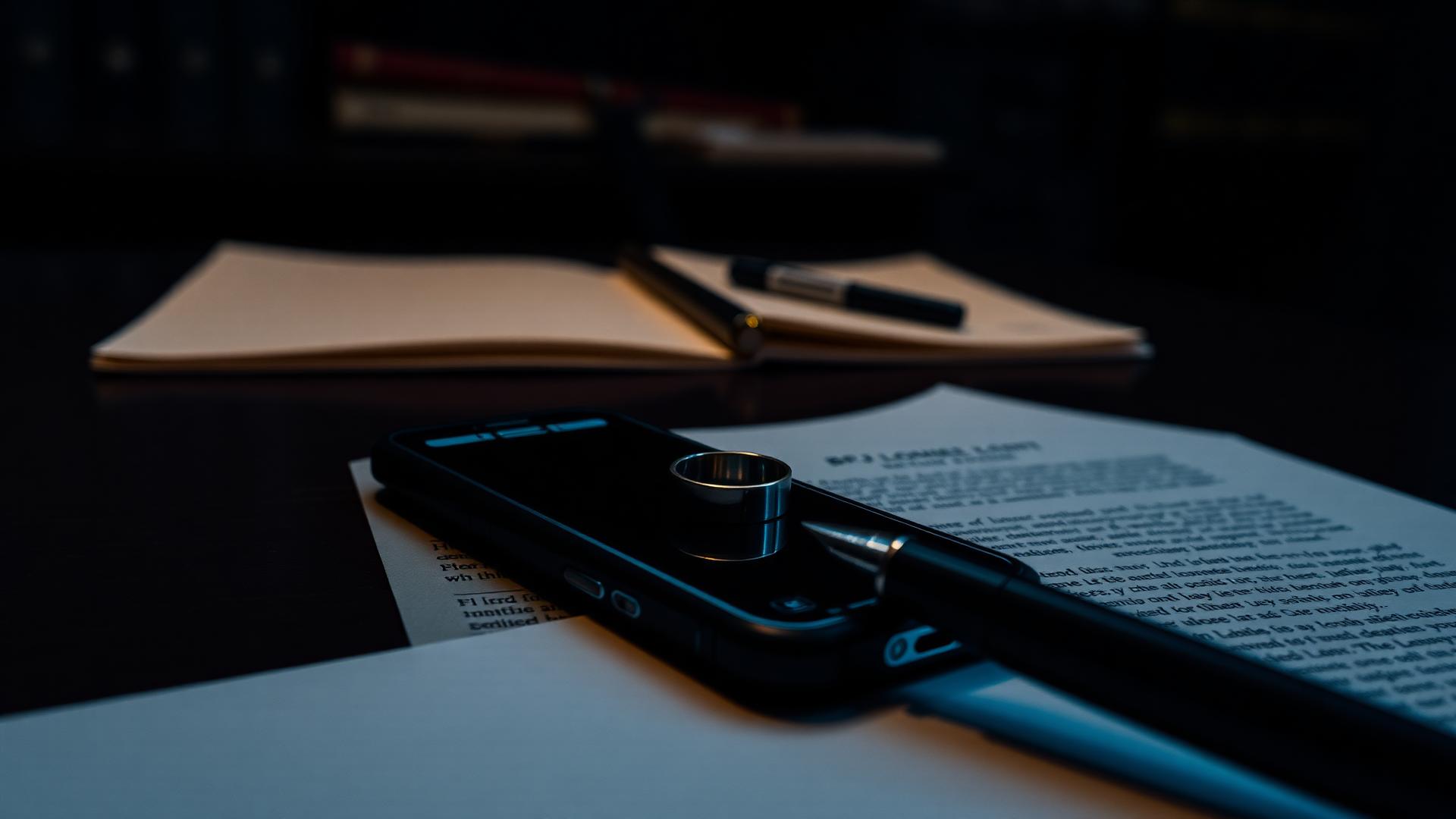A wedding ring resting on legal documents beside a fountain pen and a face-down smartphone on a dark desk in amber and blue light