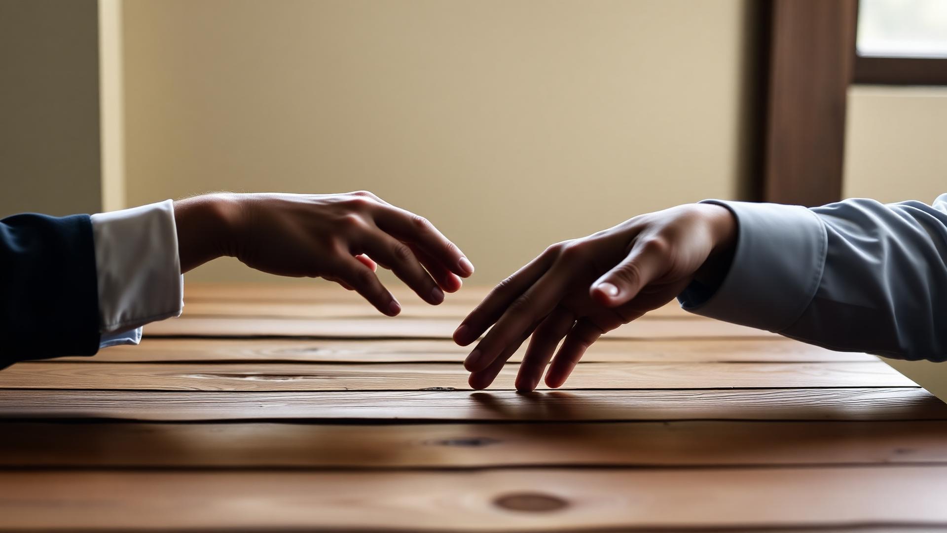 Two hands reaching toward each other across a wooden table, almost touching