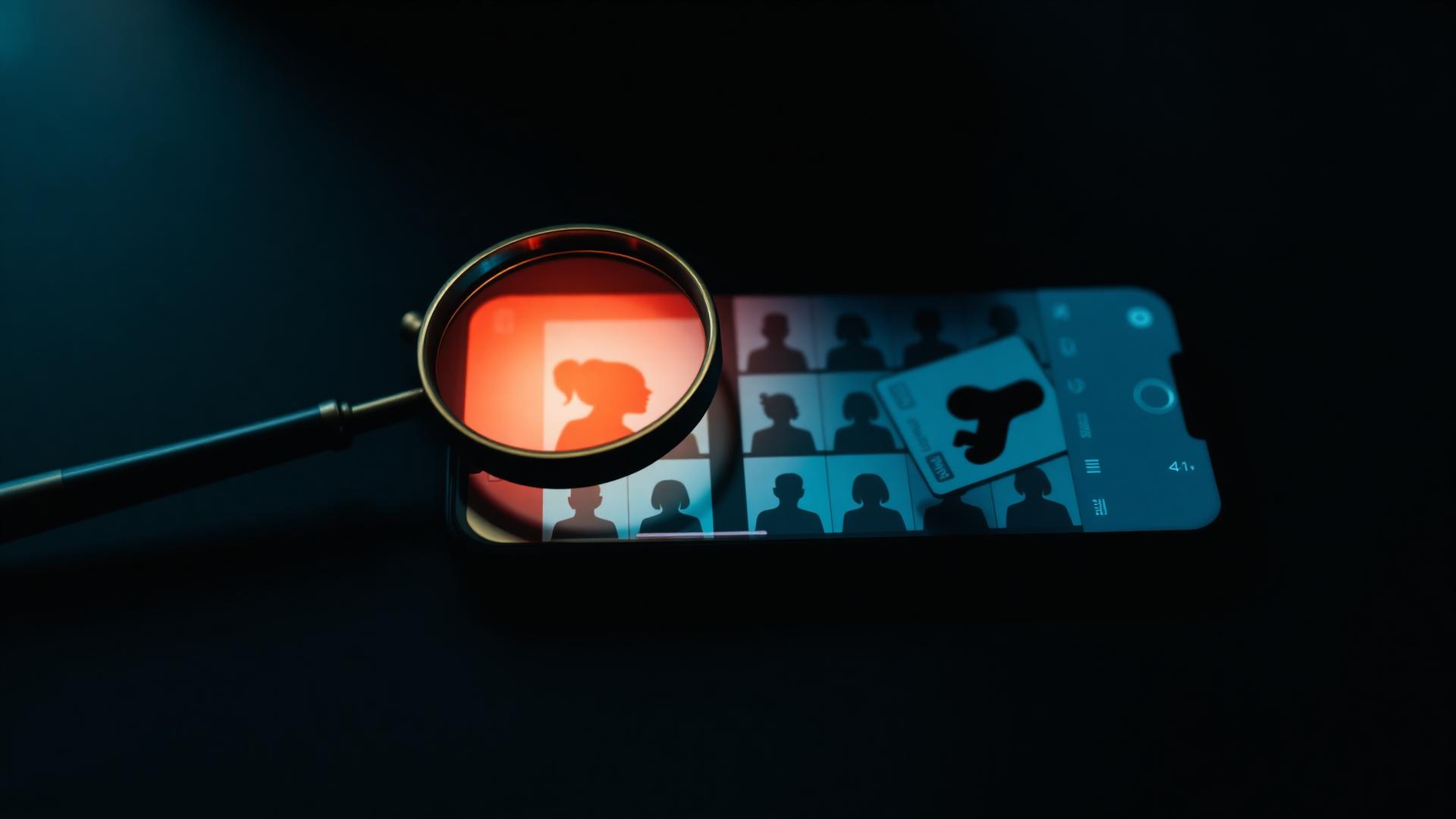 Smartphone on a dark desk showing a blurred grid of dating profile card silhouettes with a vintage brass magnifying glass hovering over one card in moody teal and amber light
