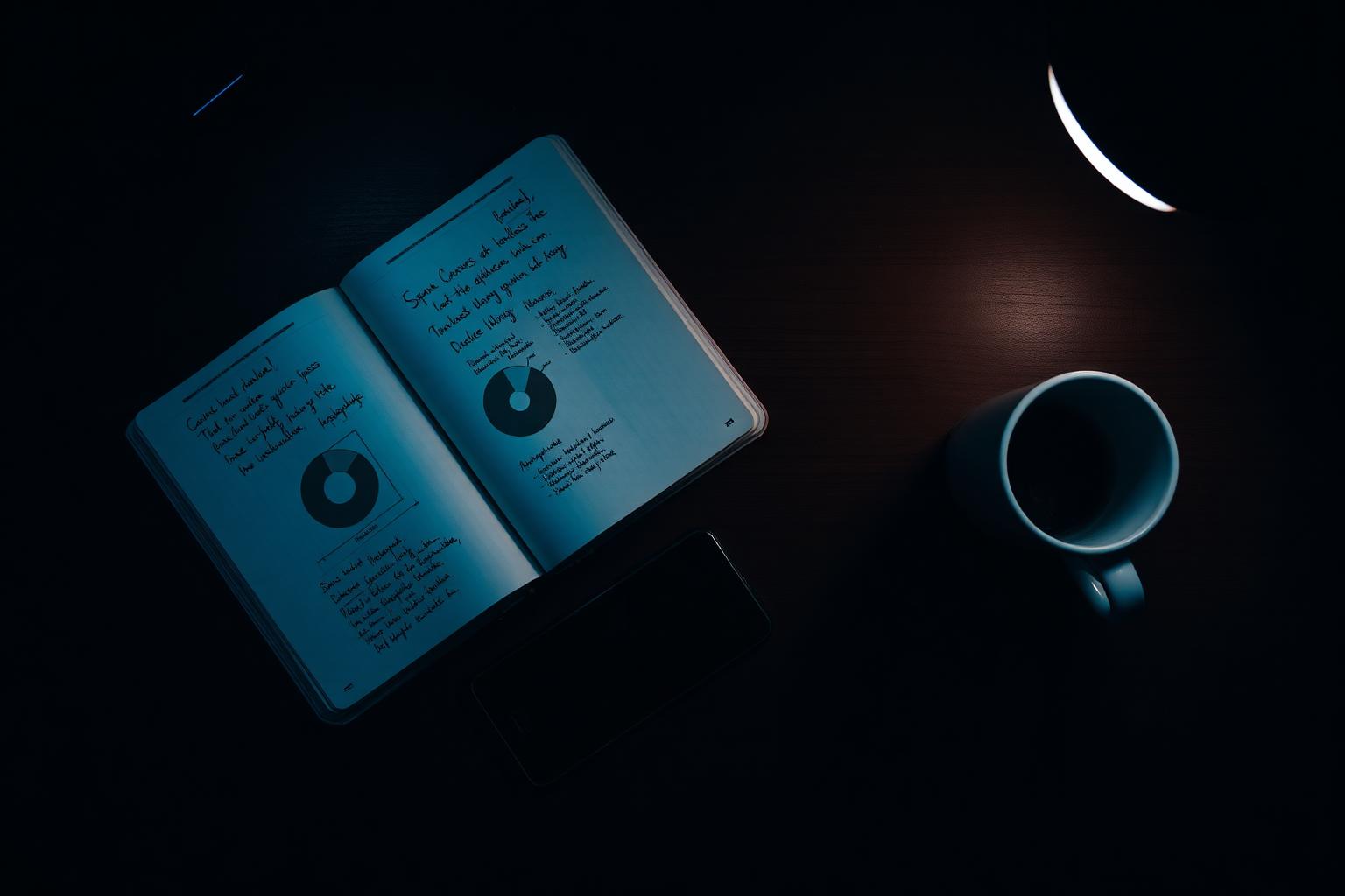 Overhead view of a notebook with handwritten statistics and pie charts next to a glowing phone on a dark wooden desk