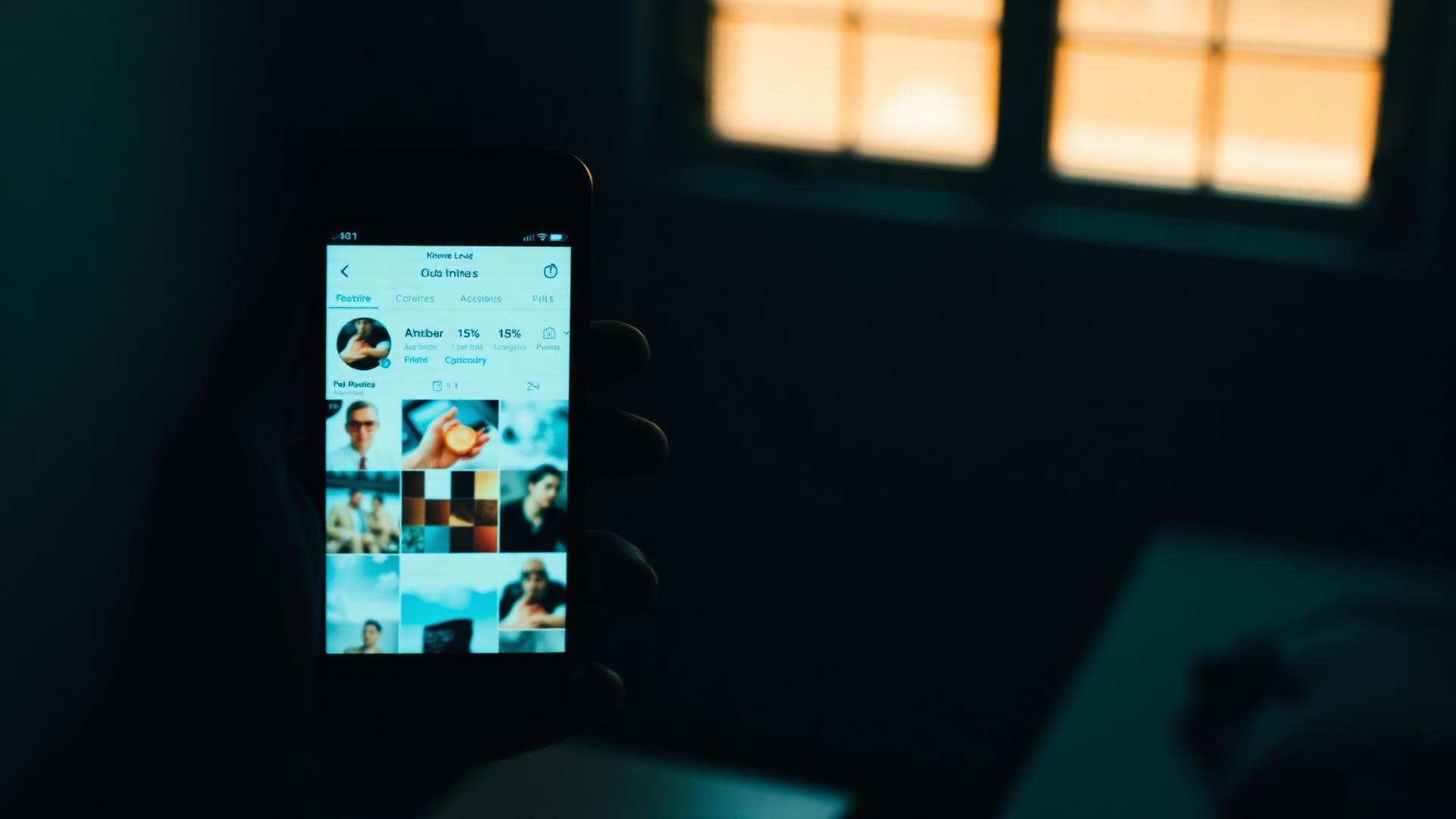 A smartphone on a dark desk displaying a blurred social media profile grid with a brass magnifying glass resting beside it in amber and blue light