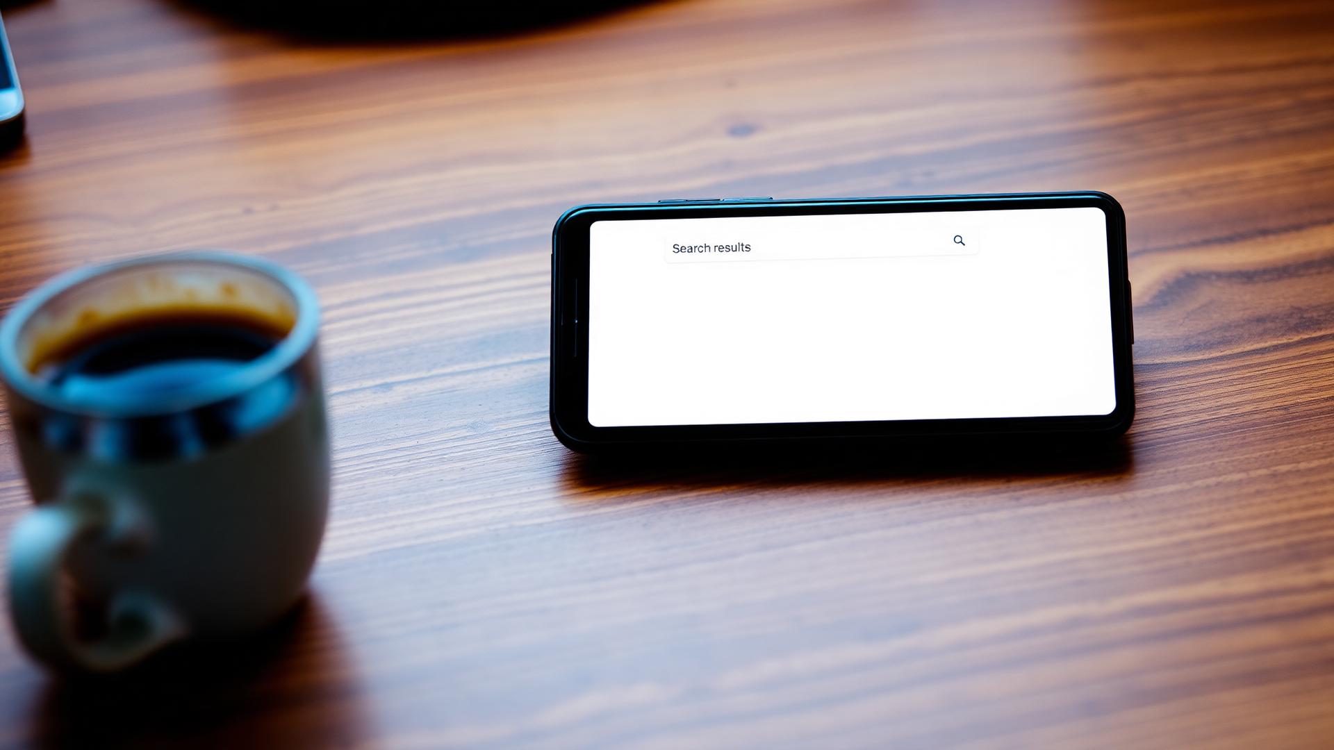 A smartphone on a dark walnut desk showing a blank search result screen beside a cooling cup of coffee in moody amber and blue light