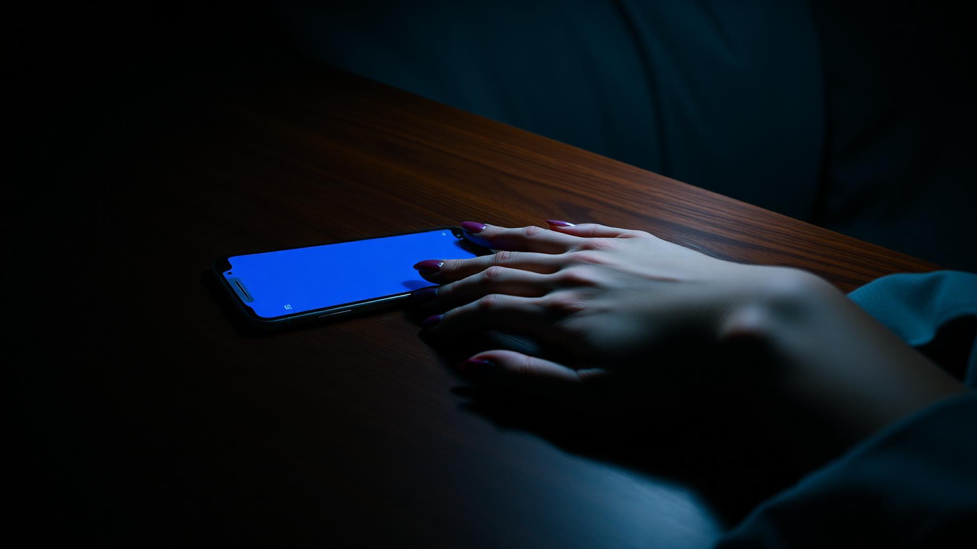A woman's hand resting beside a phone glowing face-up on a dark bedside table at night