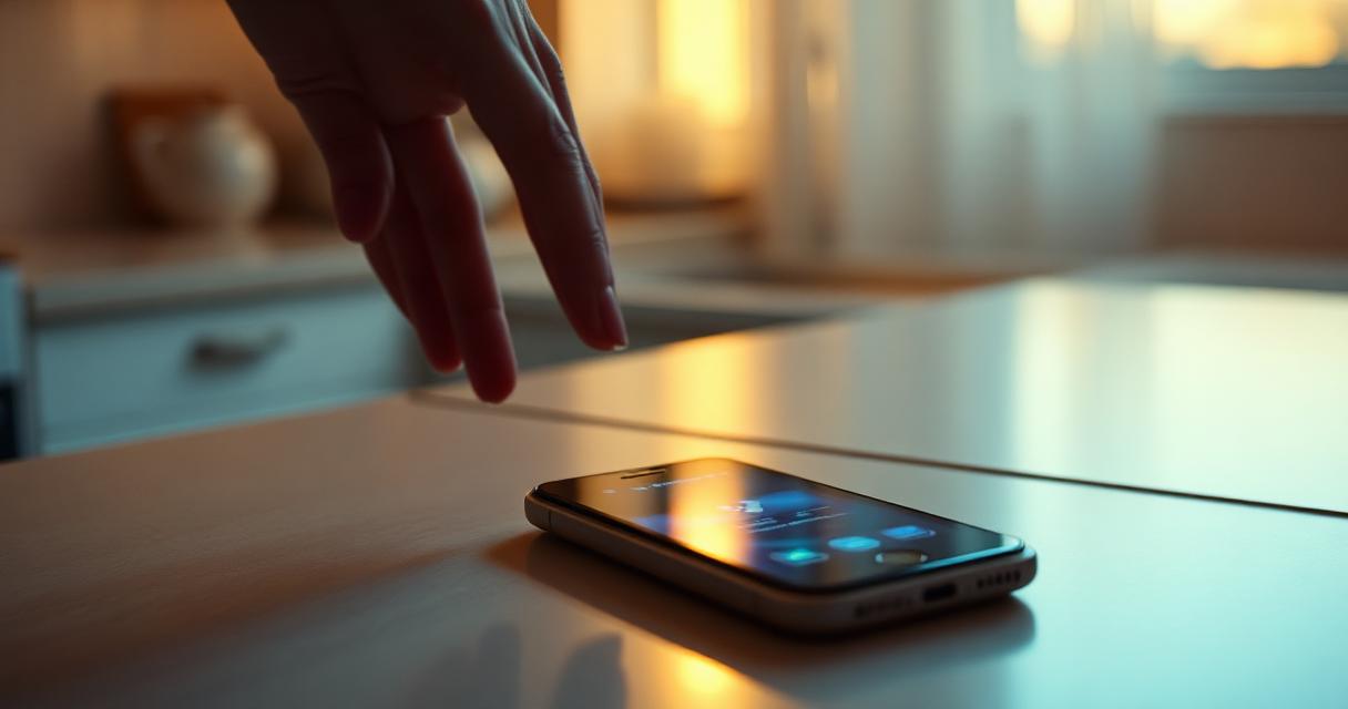 Hand hovering over a face-down smartphone glowing with a notification on a kitchen counter at dusk