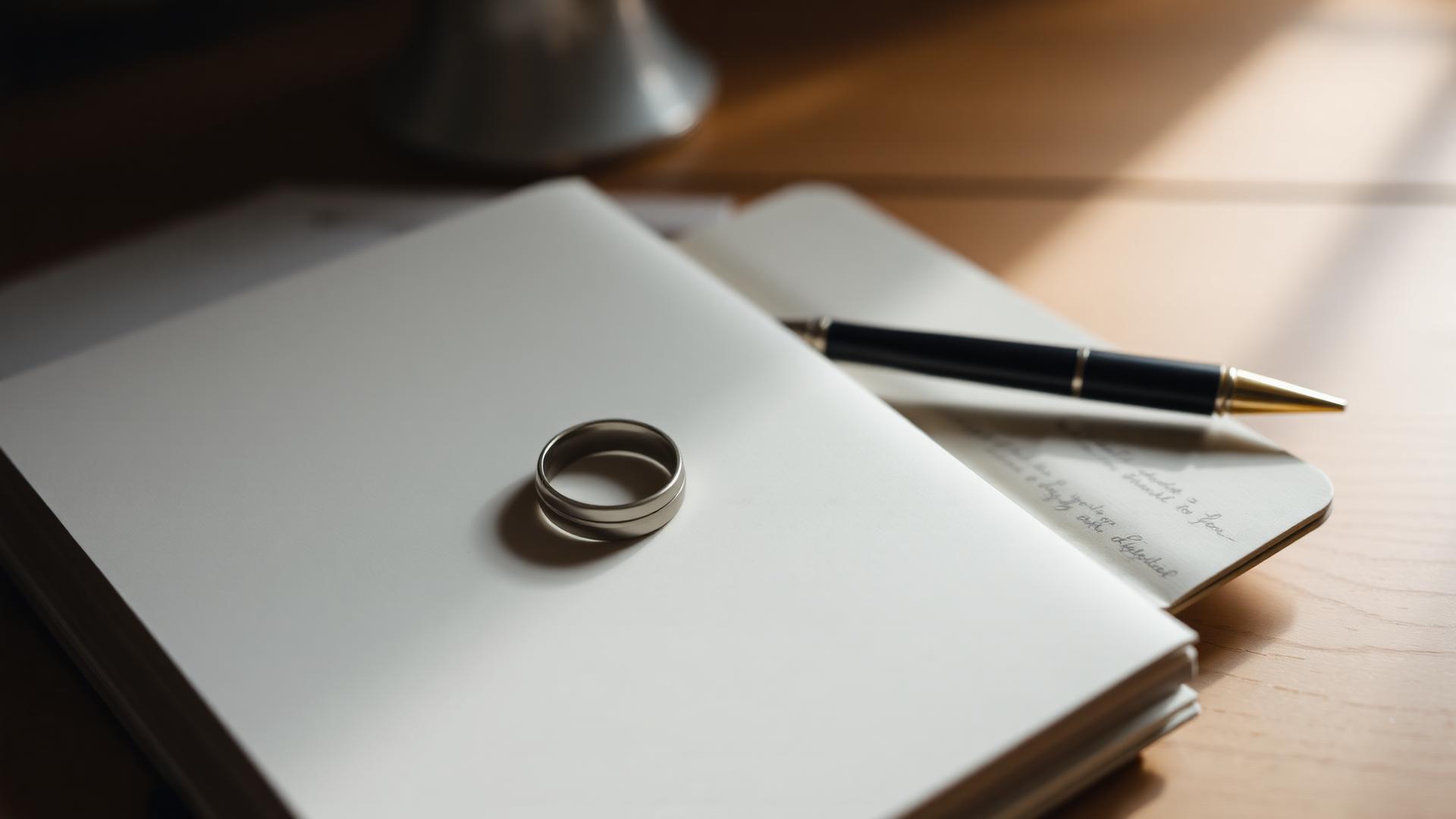 A wedding ring and pen resting on an open notebook with handwritten notes