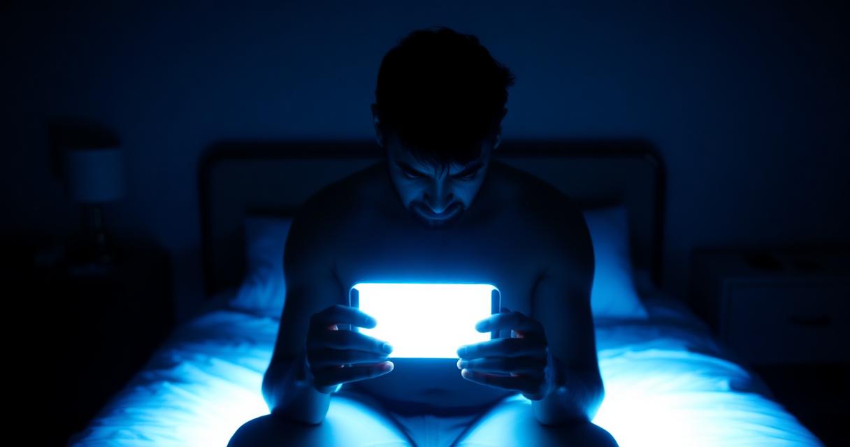 Silhouette of a man sitting on the edge of a bed at night, his face lit only by the glow of a smartphone held in both hands