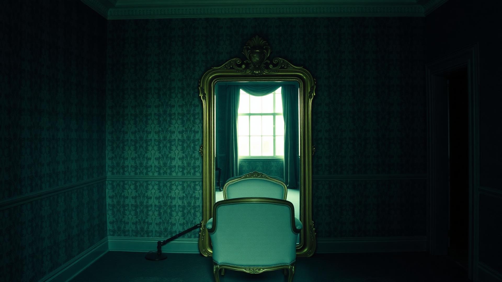 A single armchair facing a large gilded mirror in a dim, sparsely furnished room