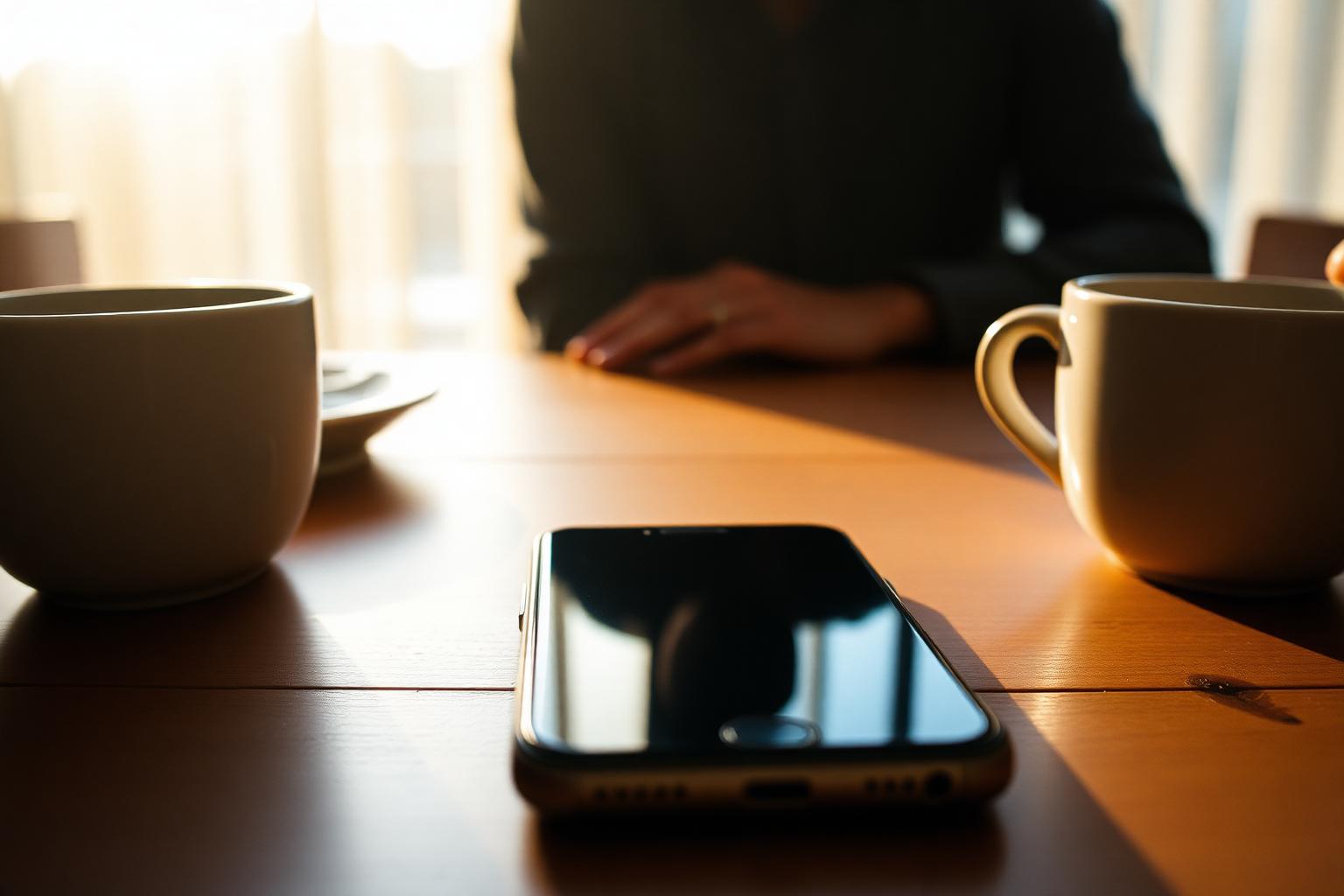 Smartphone lying face-down on a wooden dinner table between two coffee cups in warm evening light