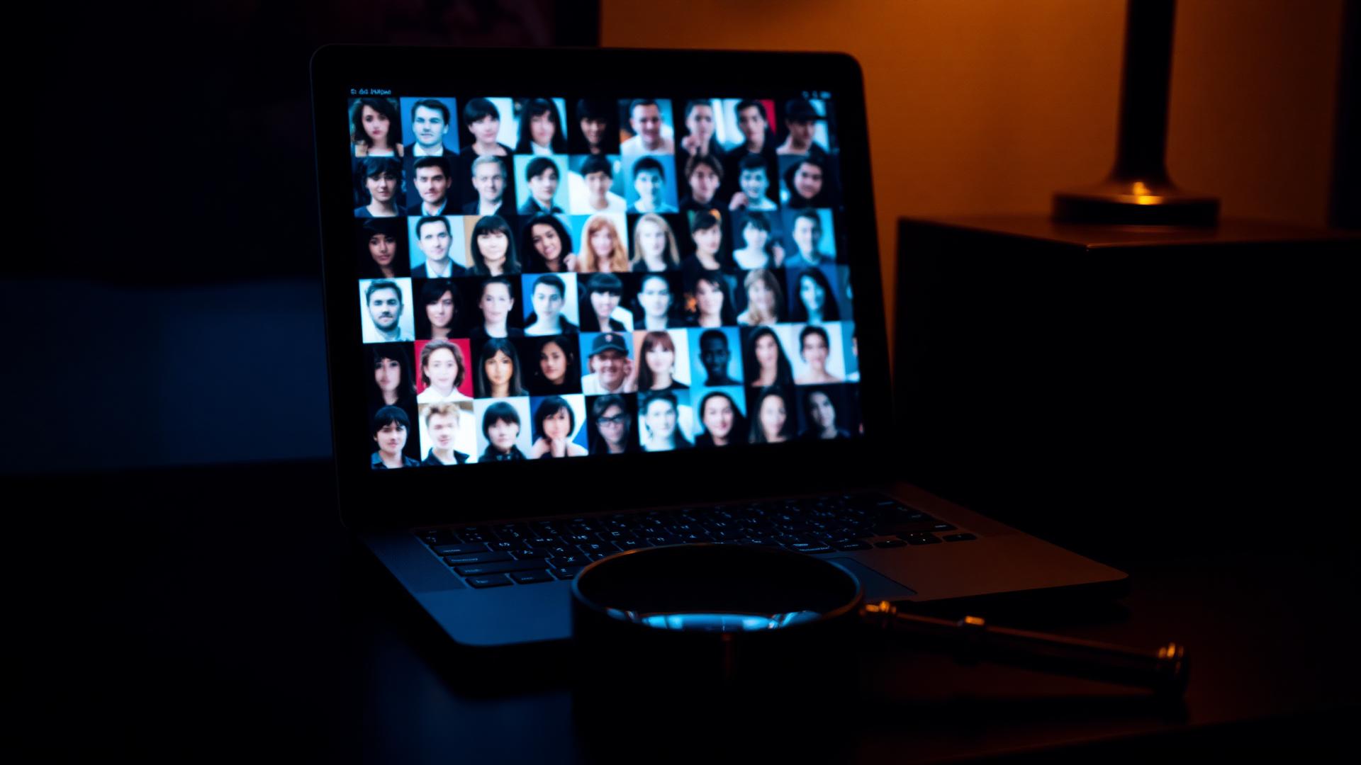 A laptop on a dark desk displaying a grid of blurred face thumbnails with a brass magnifying glass beside it in cinematic amber and blue light
