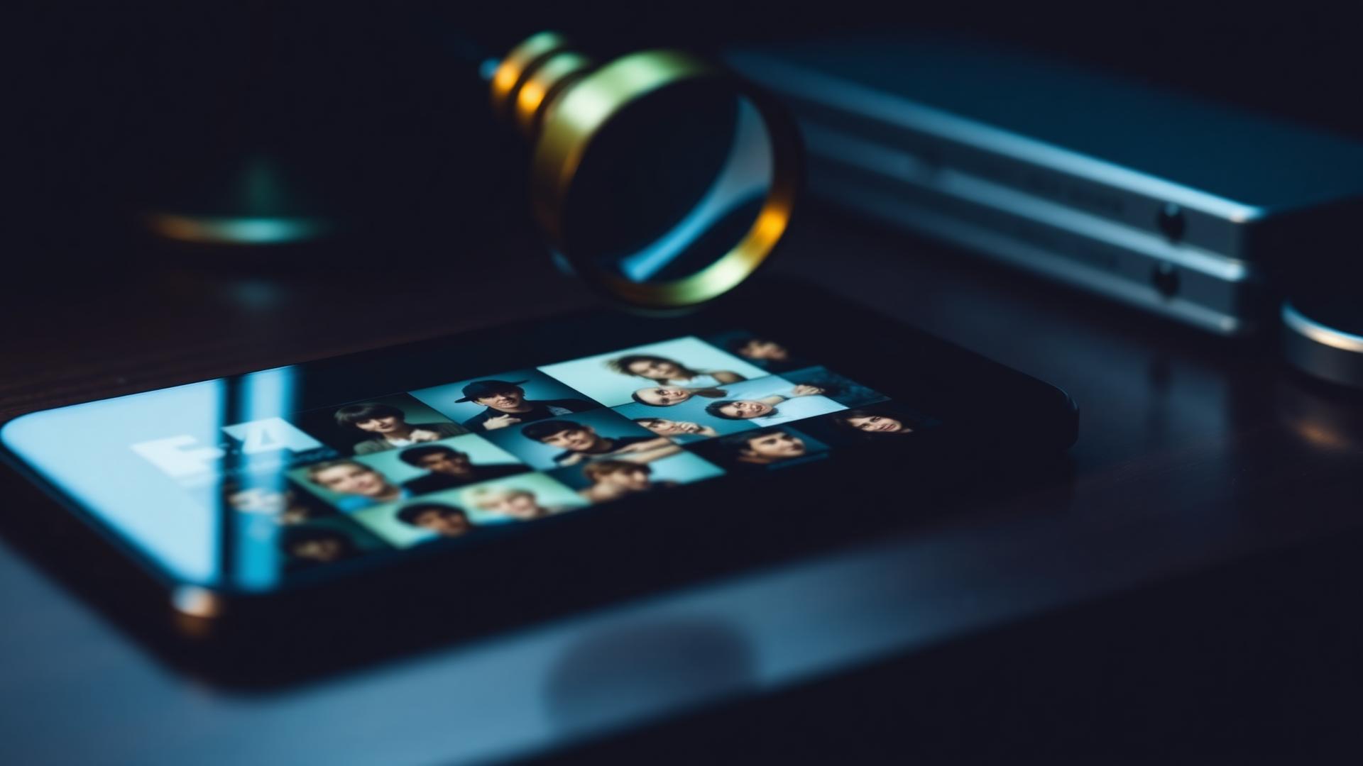 Smartphone on a dark walnut desk showing a grid of blurred portrait squares with a vintage brass magnifying glass hovering above one square in moody blue and amber light