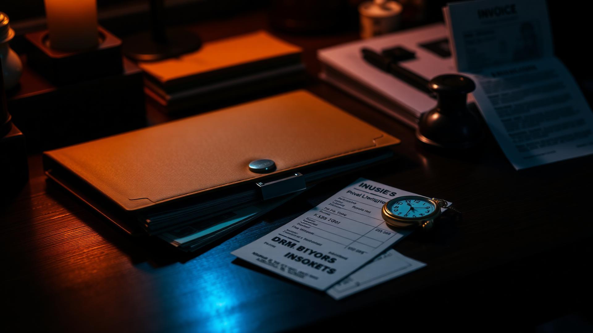 A private investigator's case folder, banknotes, a pocket watch and an itemised invoice on a dark desk in amber and blue light