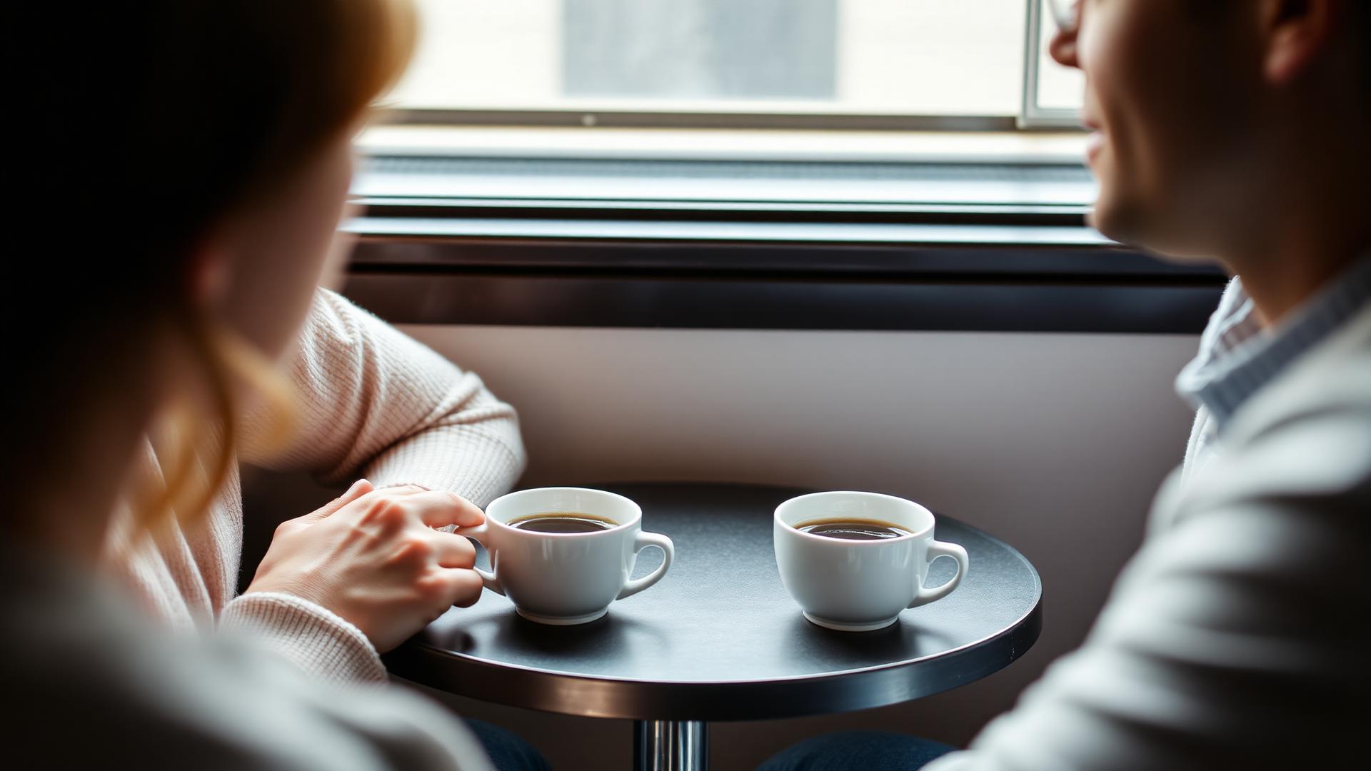 Two cups of coffee on a small table between two people having a quiet conversation