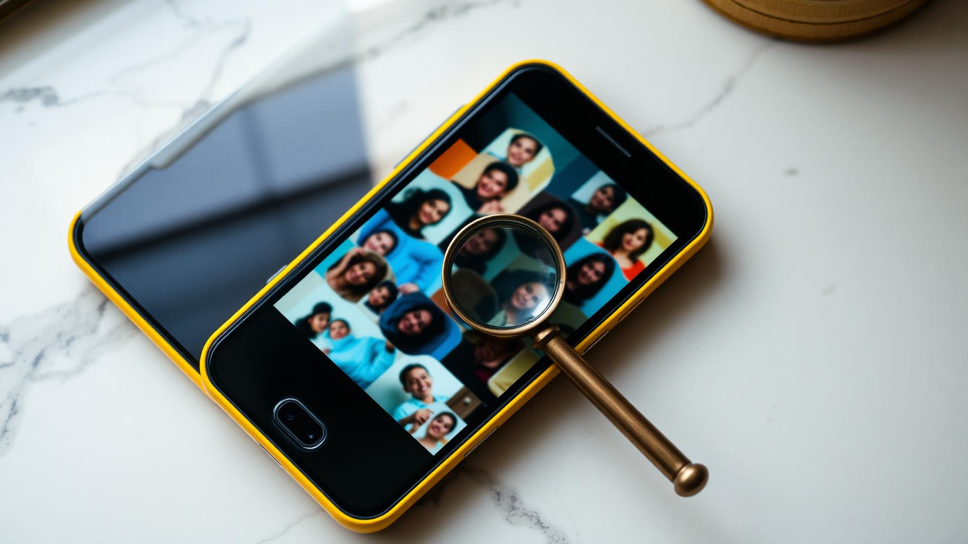 Yellow-cased smartphone on a light marble desk showing a blurred honeycomb grid of portrait photos with a brass magnifying glass resting on the screen in warm morning light