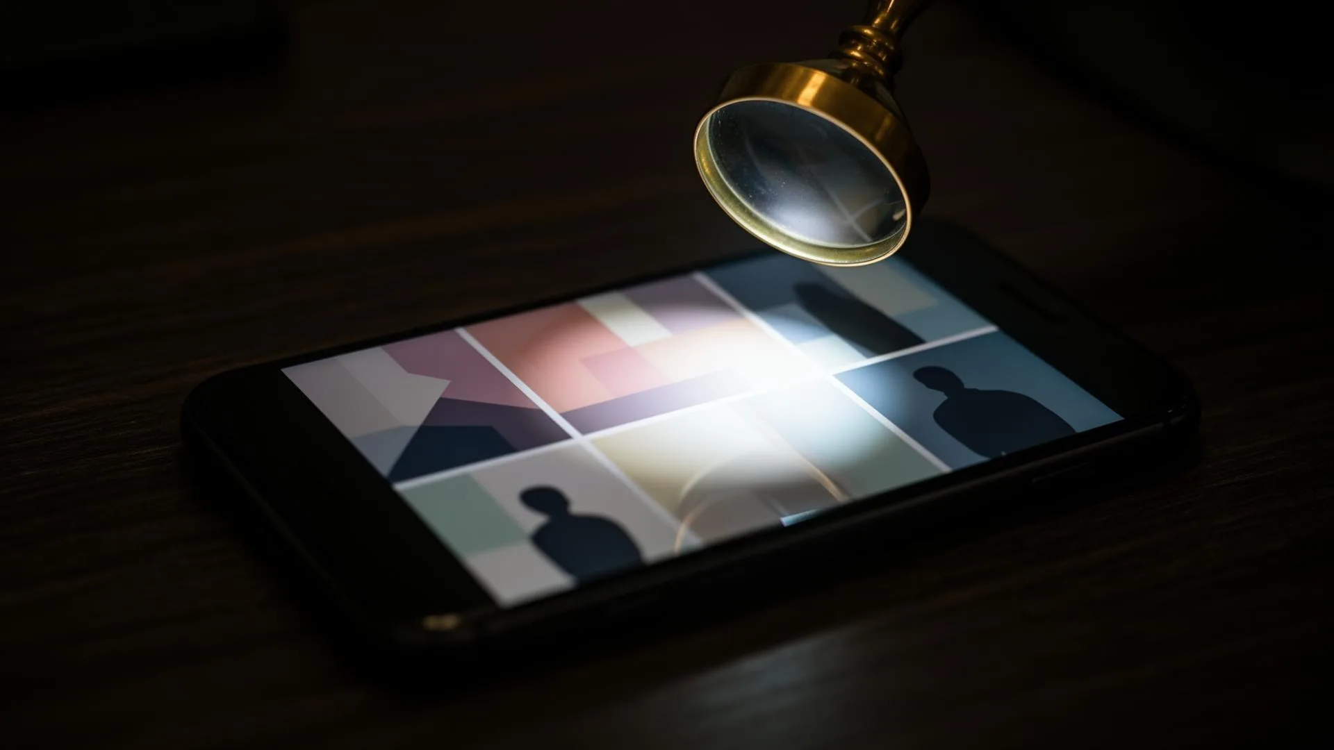 Smartphone on a dark wood desk displaying a grid of blurred portrait squares with a vintage brass magnifying glass held above one square