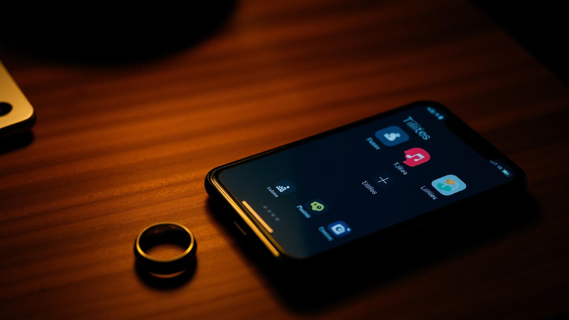 Smartphone face-up on a dark walnut desk showing a partially open app folder labeled Utilities, with a gold wedding ring beside it in warm dim evening light