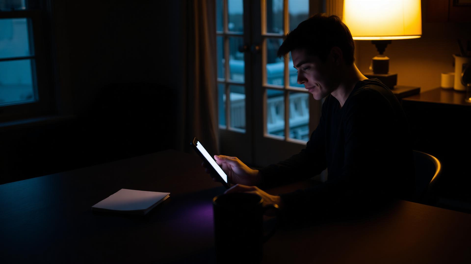 A person sitting alone at a dark kitchen table at night holding a glowing phone, warm lamp light against a cool blue window