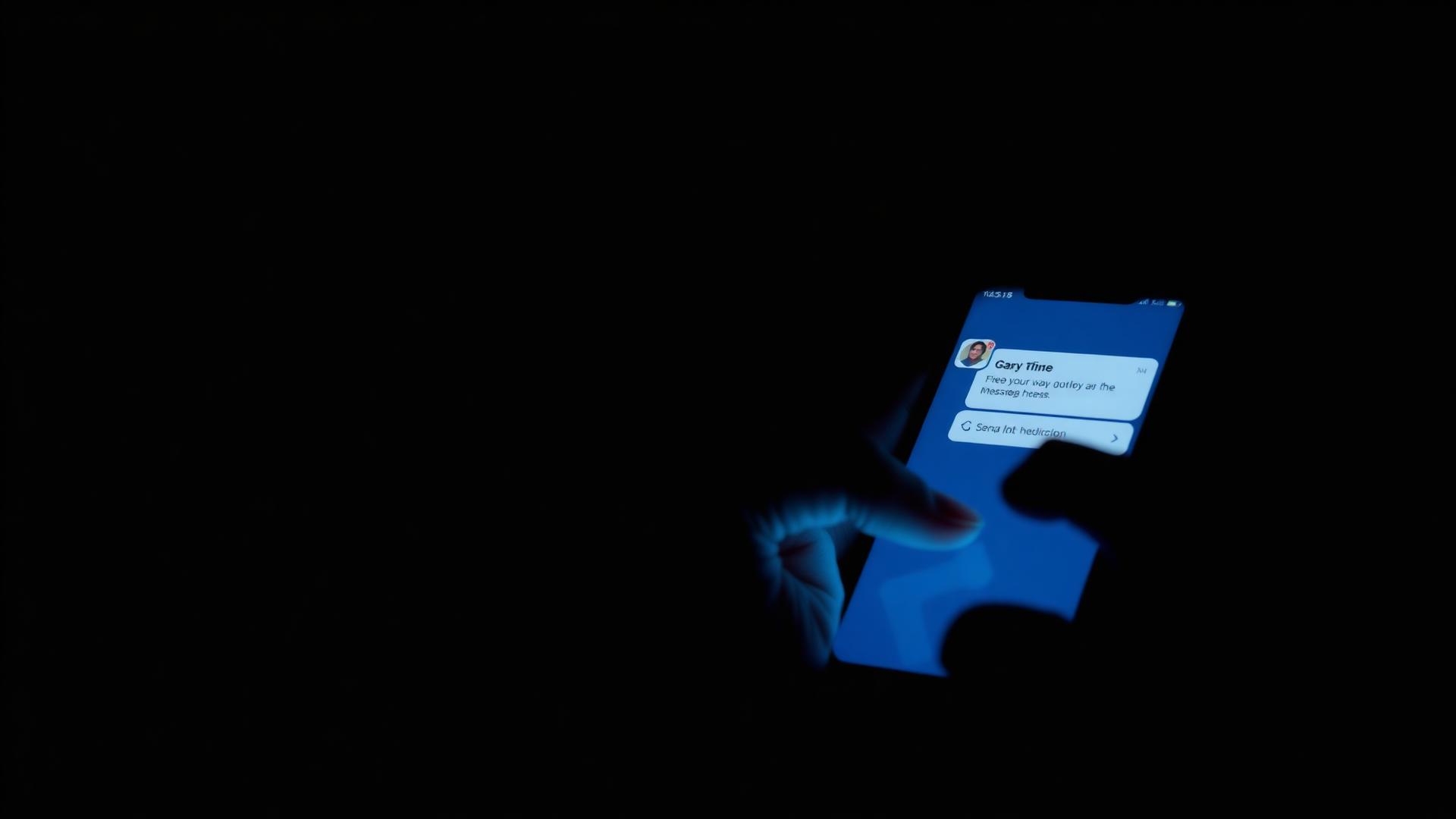 A person holding a smartphone at night, thumb hovering over a message screen