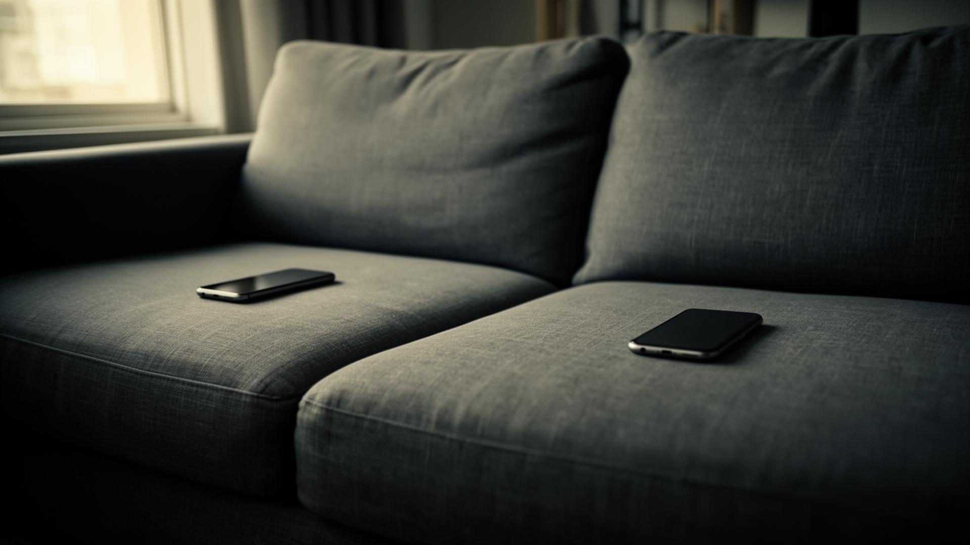 Two smartphones face down on opposite cushions of a grey linen couch in a dim living room, suggesting emotional distance
