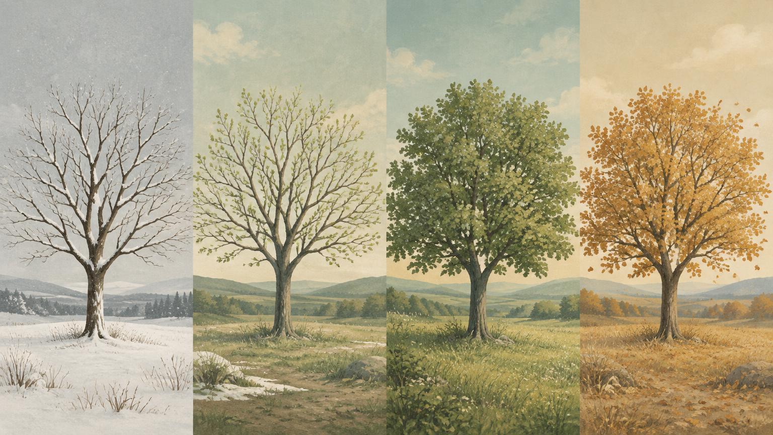 The same tree shown through winter, spring, summer and autumn
