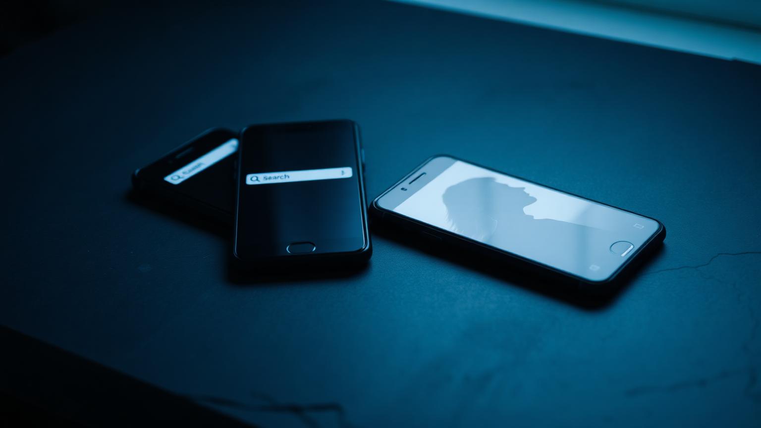 Two smartphones on a slate surface, one showing an empty search field and one a blurred profile silhouette in cold blue light